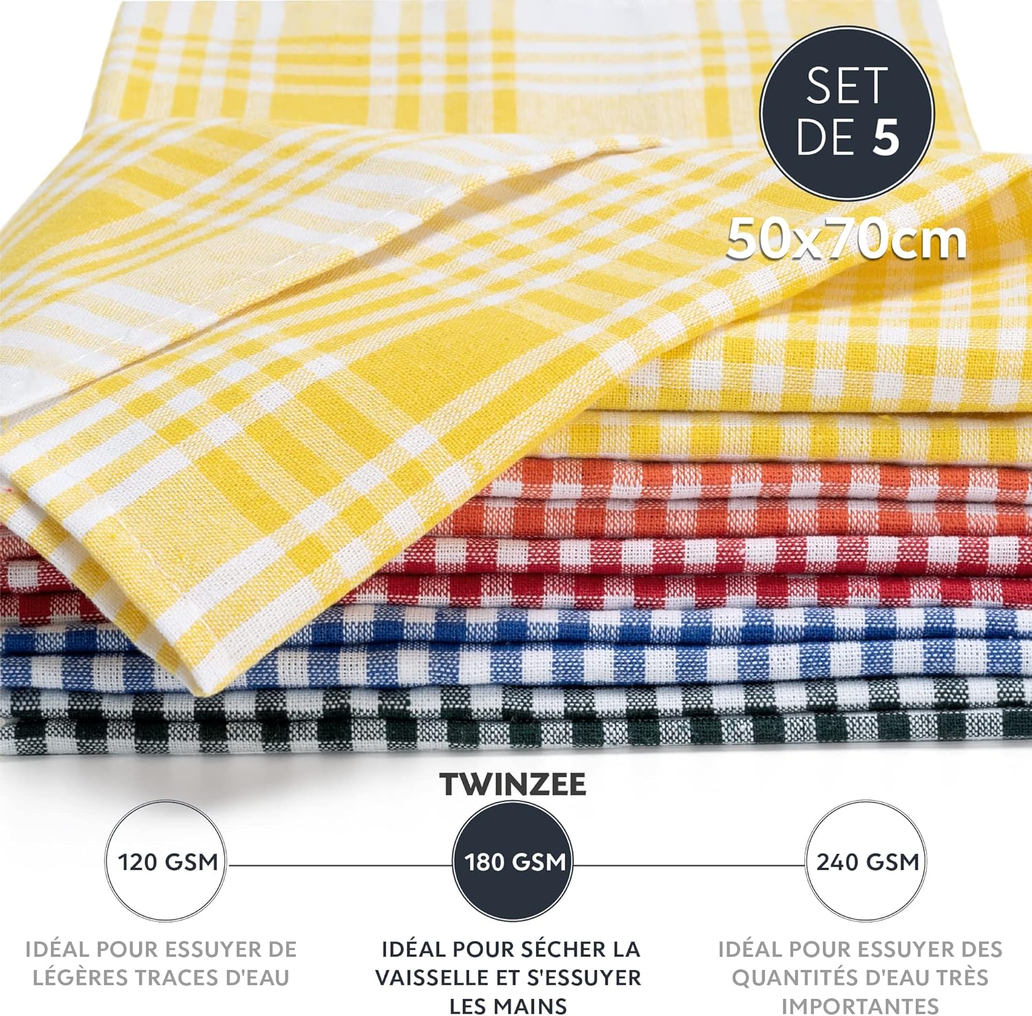Twinzee - lot de 5 torchons rétro coton 47x67 cm - Oeko Tex