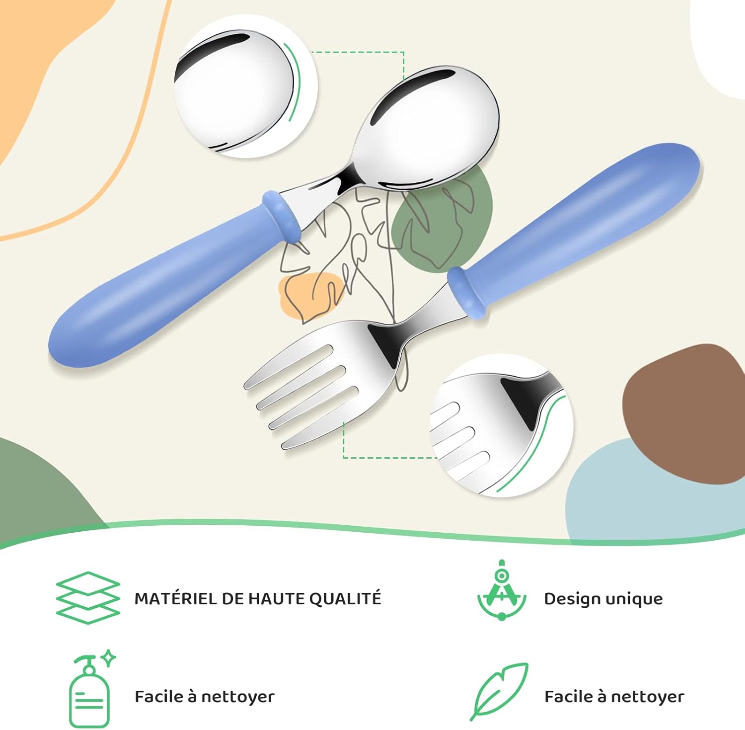 Couverts enfants inox - 8 pièces - poignée ronde, 4 couleurs