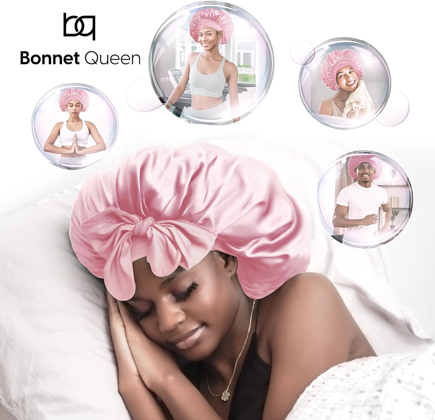 BONNET QUEEN - bonnet satin ajustable, grand, rose, elastique long