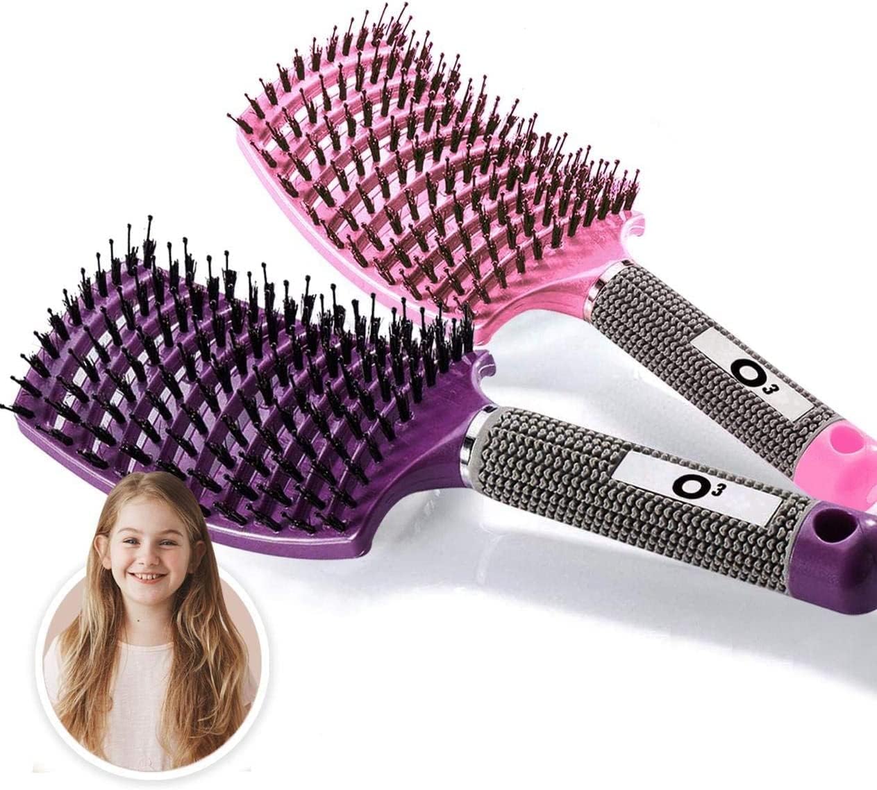 Brosse à cheveux - set 2 pièces - poils de sanglier, rose/violette, démêlage naturel sans larmes