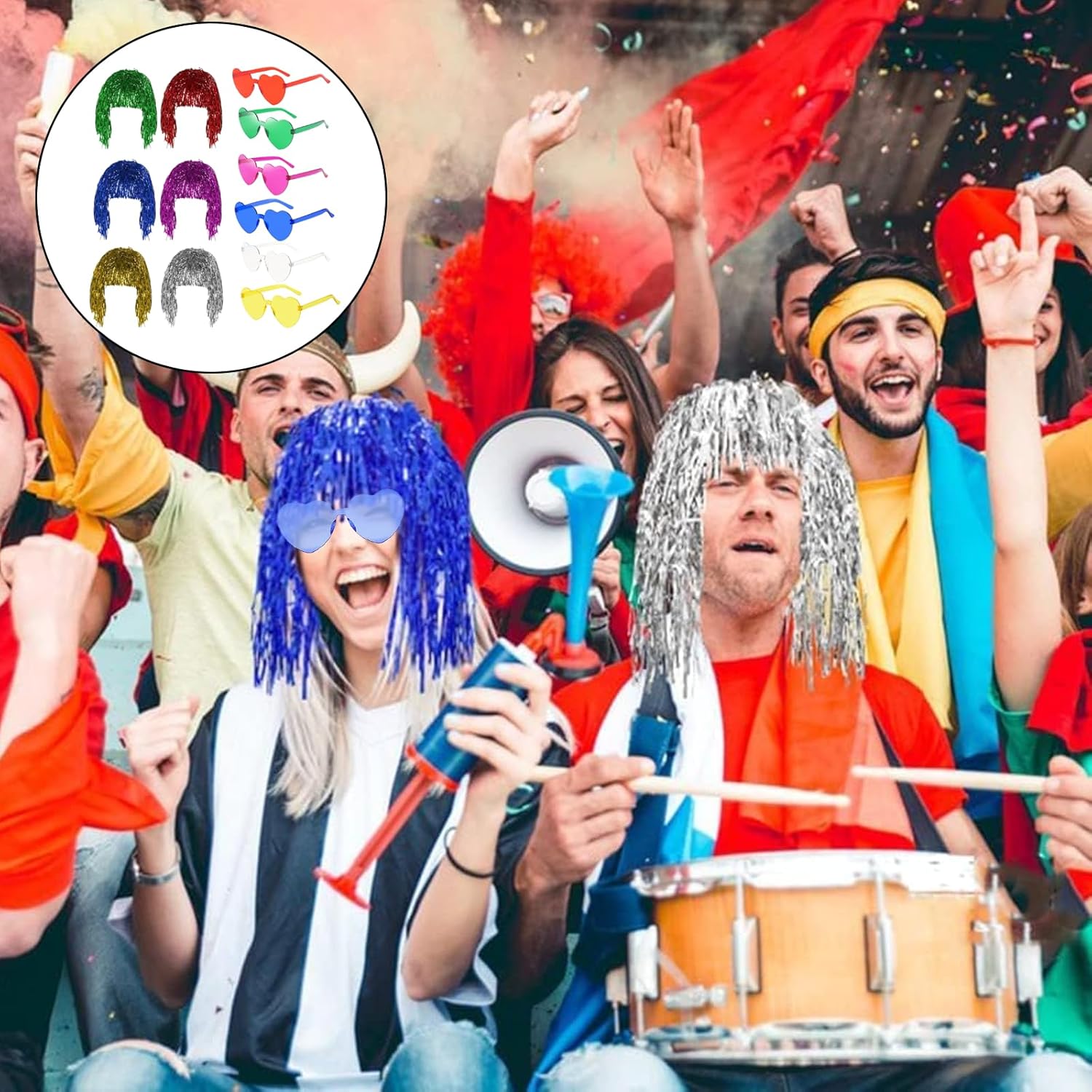 Perruque métallique - 6pcs brillantes - accessoires fête colorés - lunettes néon incluses