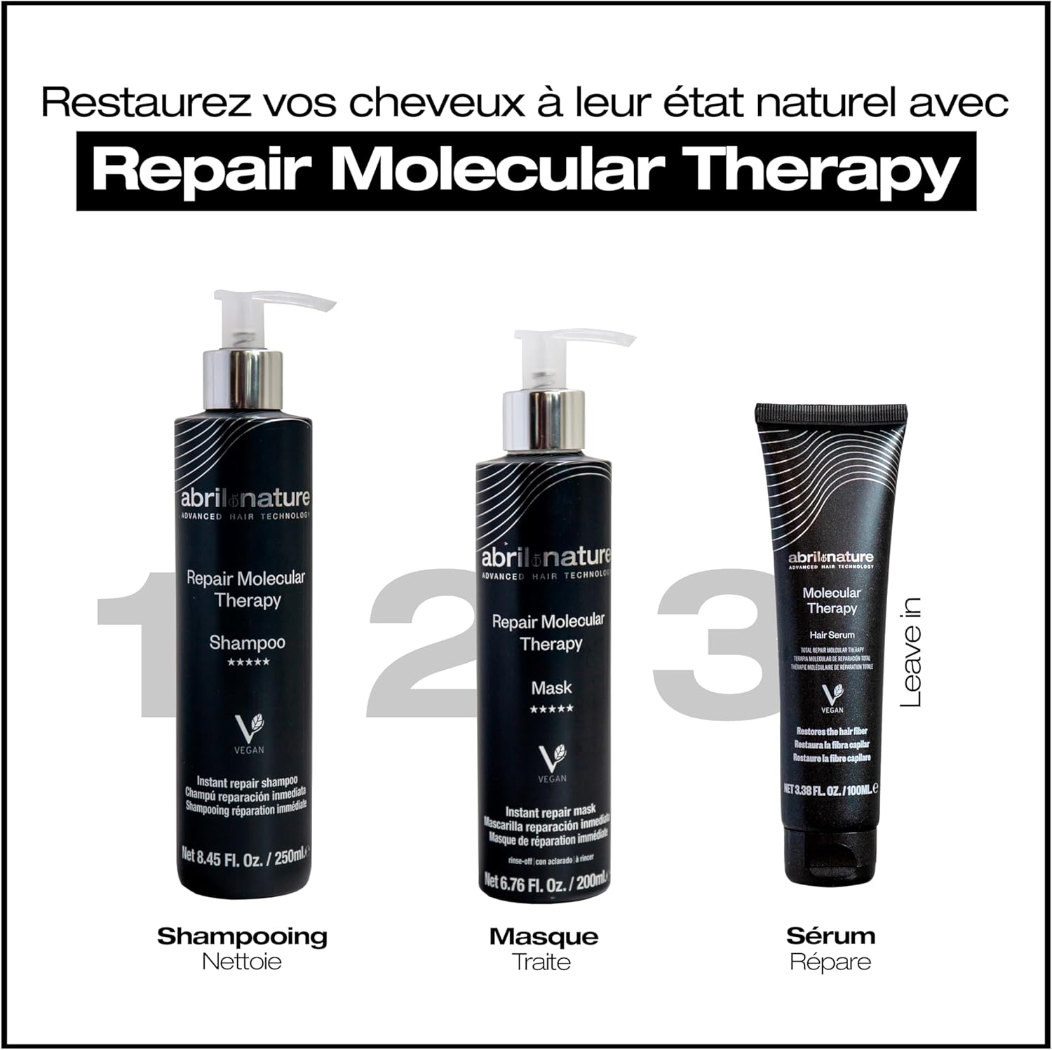 abril et nature - Molecular Therapy - 550ml - Shampooing, masque, sérum réparateurs pour cheveux abîmés