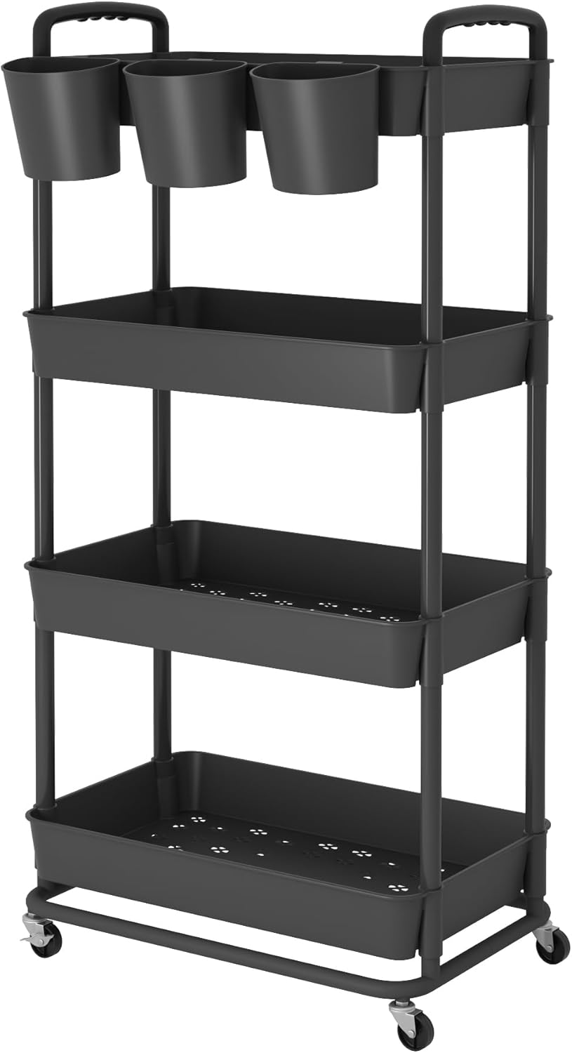 JIUYOTREE - Chariot de rangement 4 niveaux - Noir - roulettes verrouillables, poignées, gobelets suspendus
