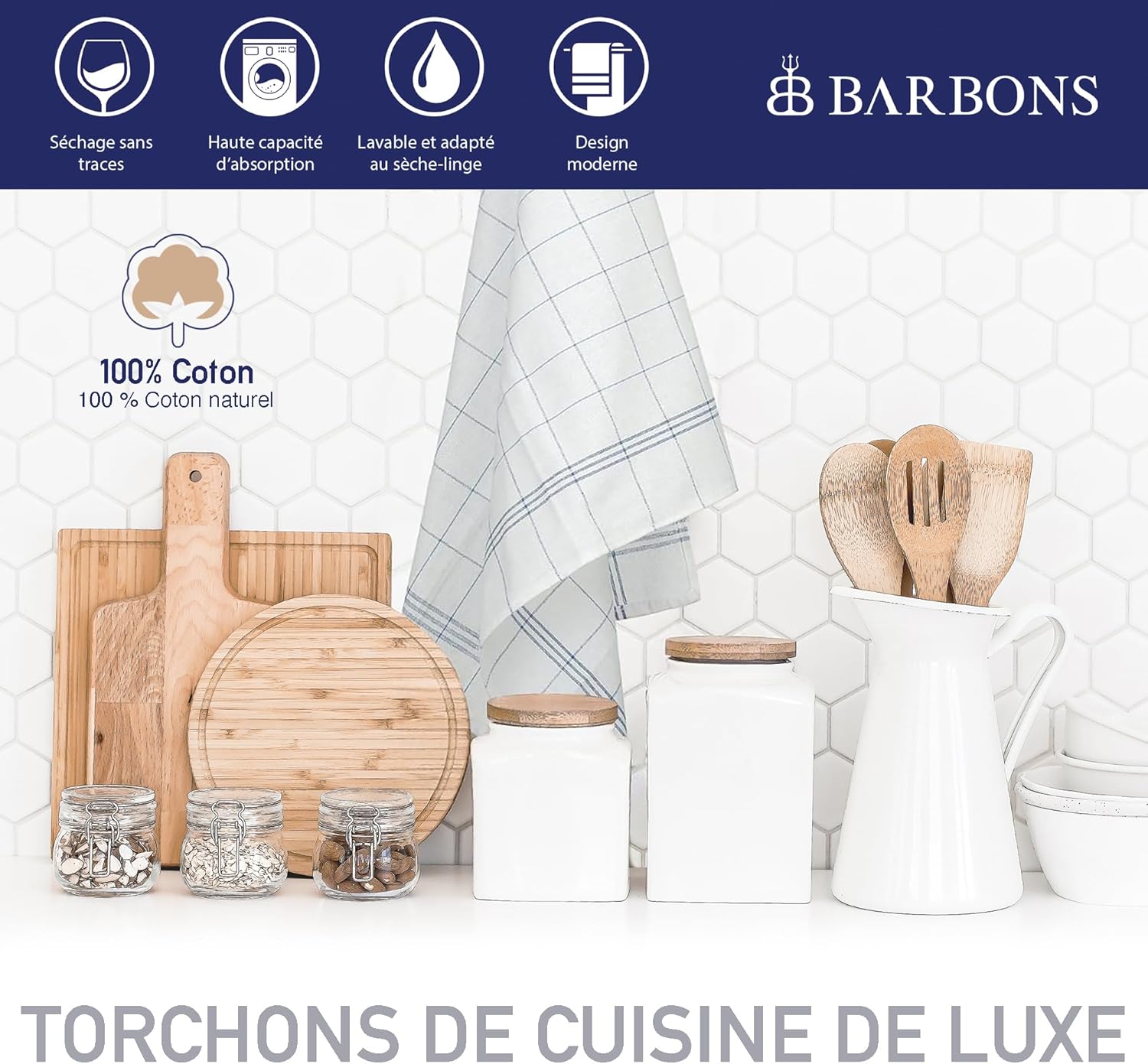 BARBONS - Lot de 10 torchons 50x70 cm - coton absorbant, carreaux, bleu