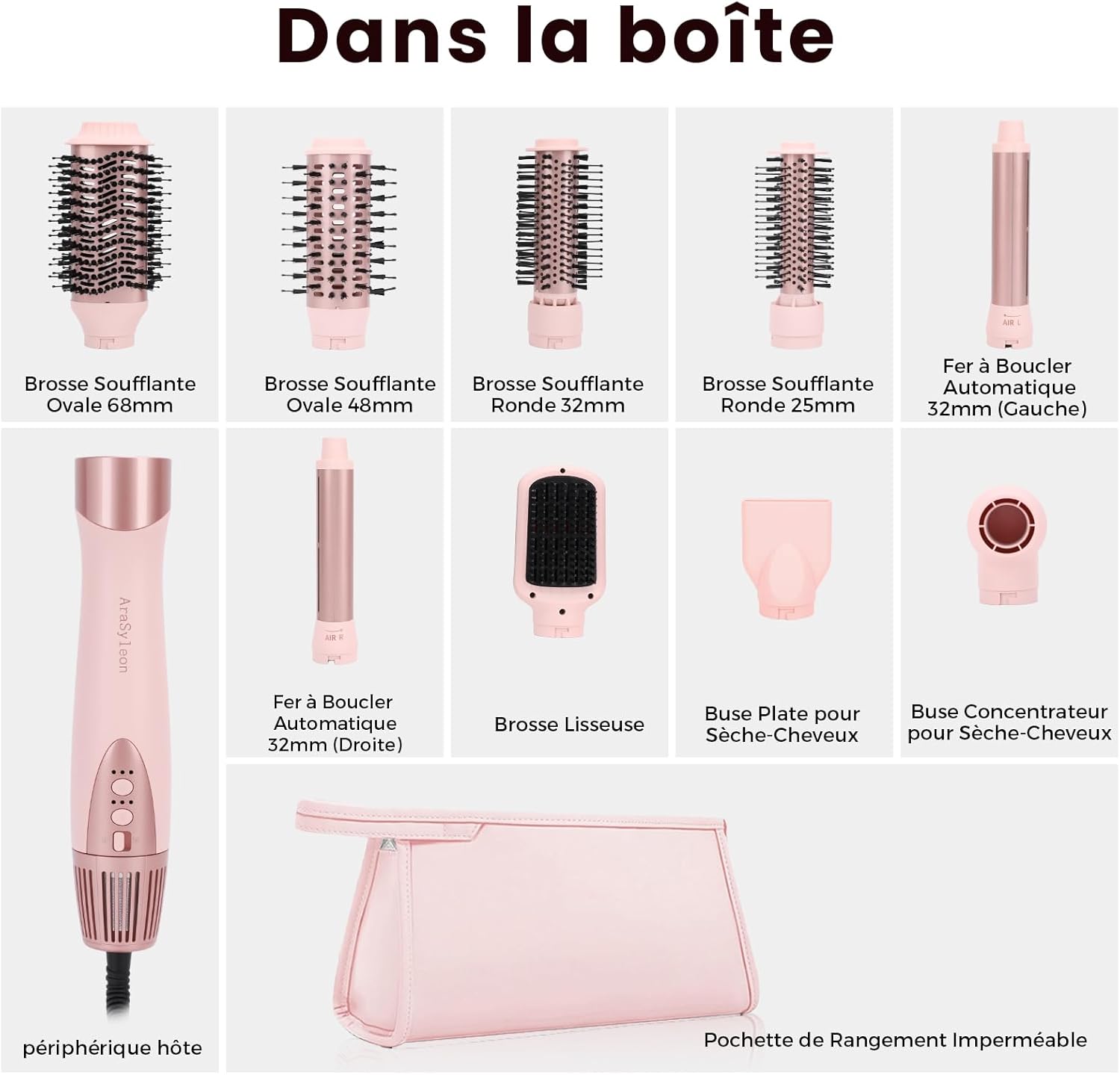 AraSyelon - Styler Multifonction 9 en 1 - 25/32/48/68mm - Séchoir pro, boucleur auto, ionique, 110000 tr/min