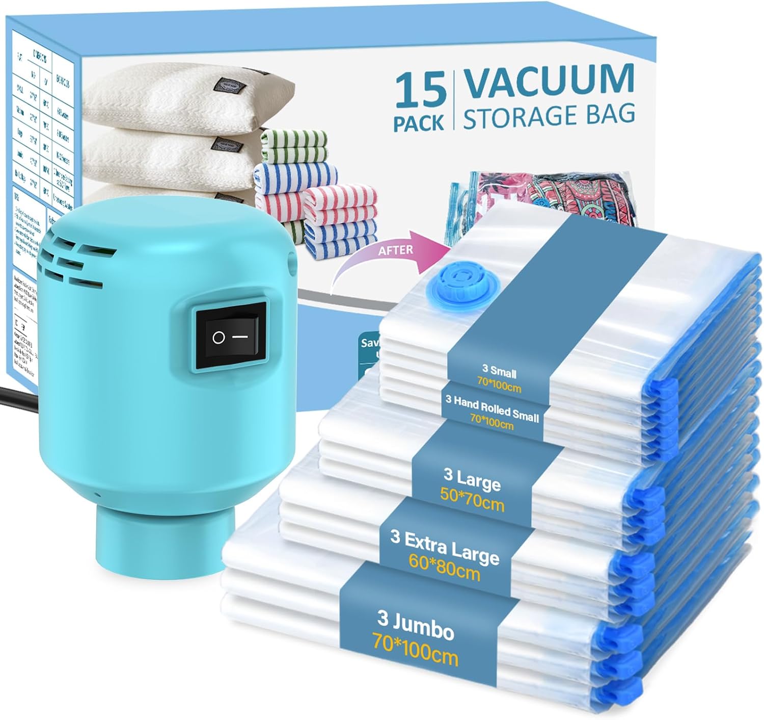 Sacs sous vide vêtements - lot de 15 - grandes tailles, pompe électrique, compression rapide, anti-poussière