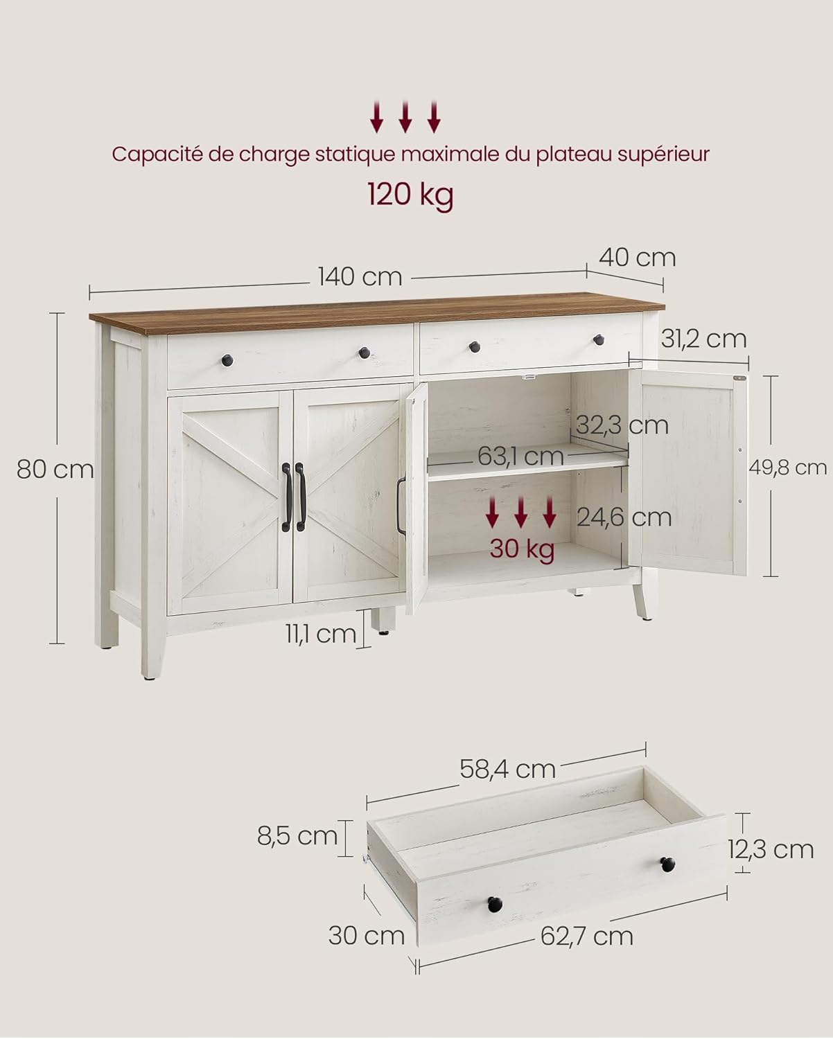VASAGLE - buffet de rangement - 40x140x80cm - tiroir, portes, étagère réglable, style campagne - BBK381W02
