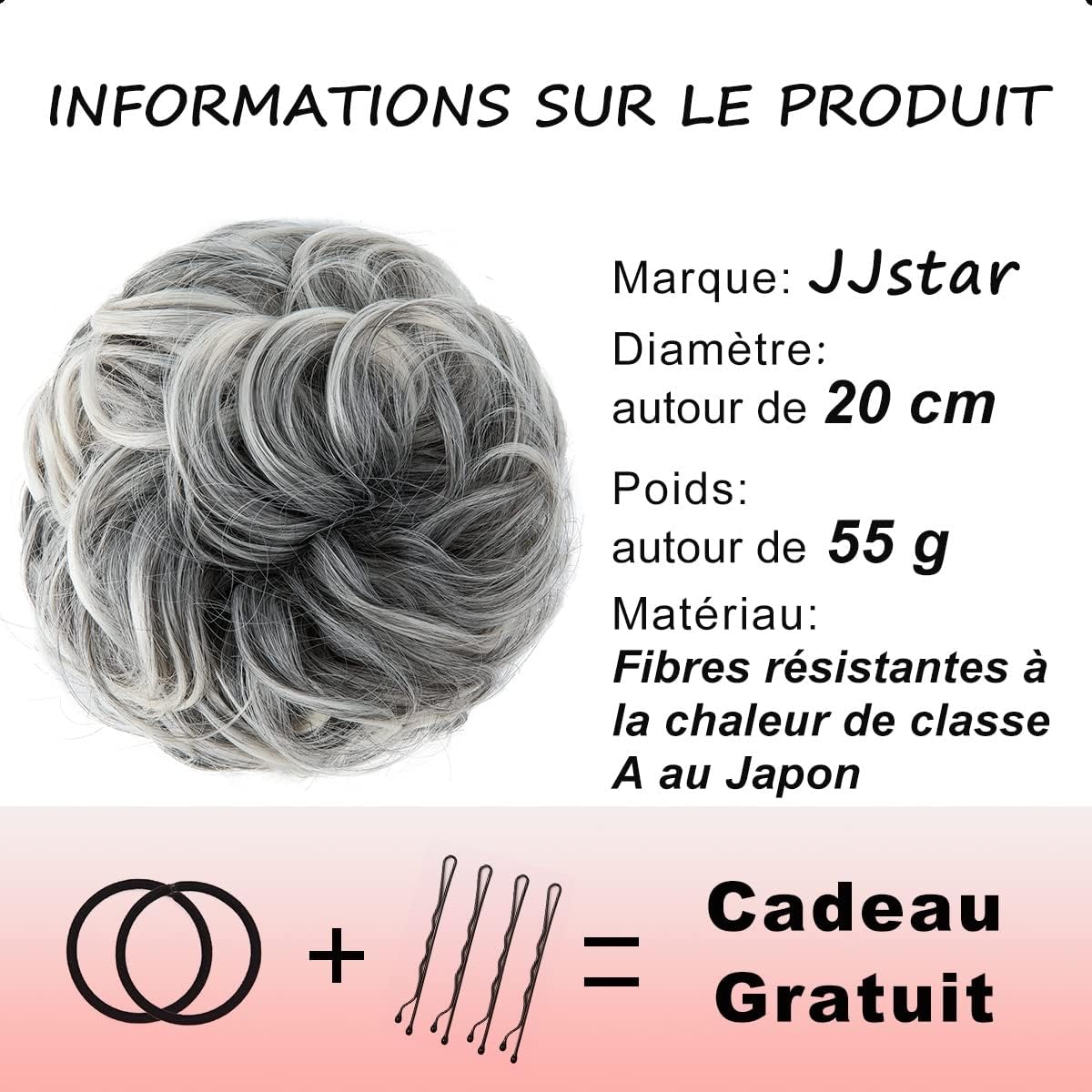 JJstar - Chignon postiche bouclé, gris mèches blanches, élastique, aspect naturel