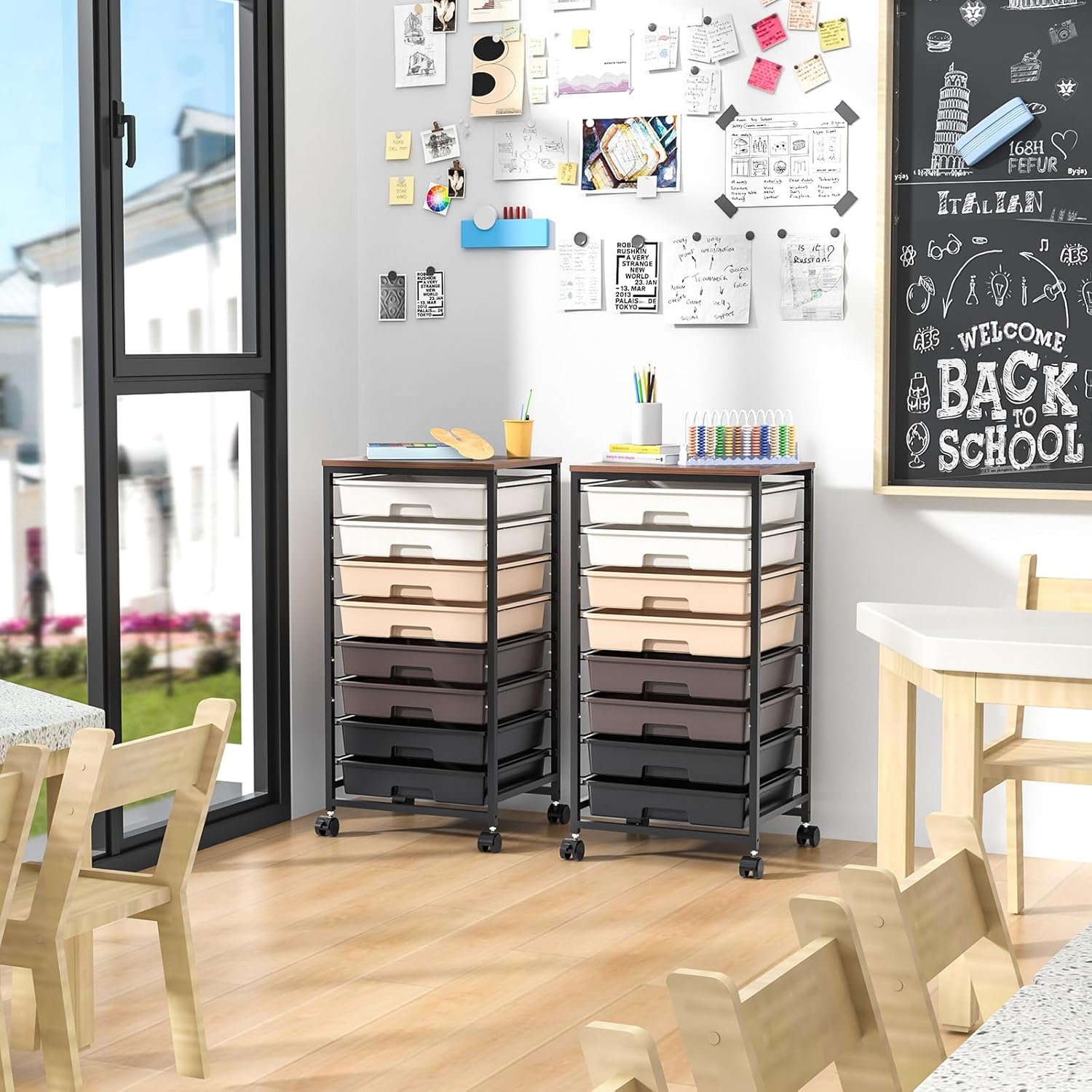 Chariot de salle de bain - 8 tiroirs, roulettes, plateau bois, grande capacité, marron