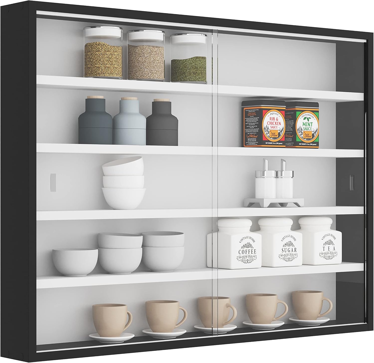 Inter Link - Vitrine Murale - 4 étagères, 5 compartiments, MDF noir/blanc