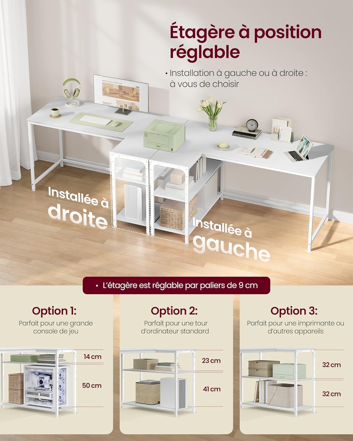 VASAGLE - bureau gaming réversible 120x80cm, étagères réglables, LWD136WF01