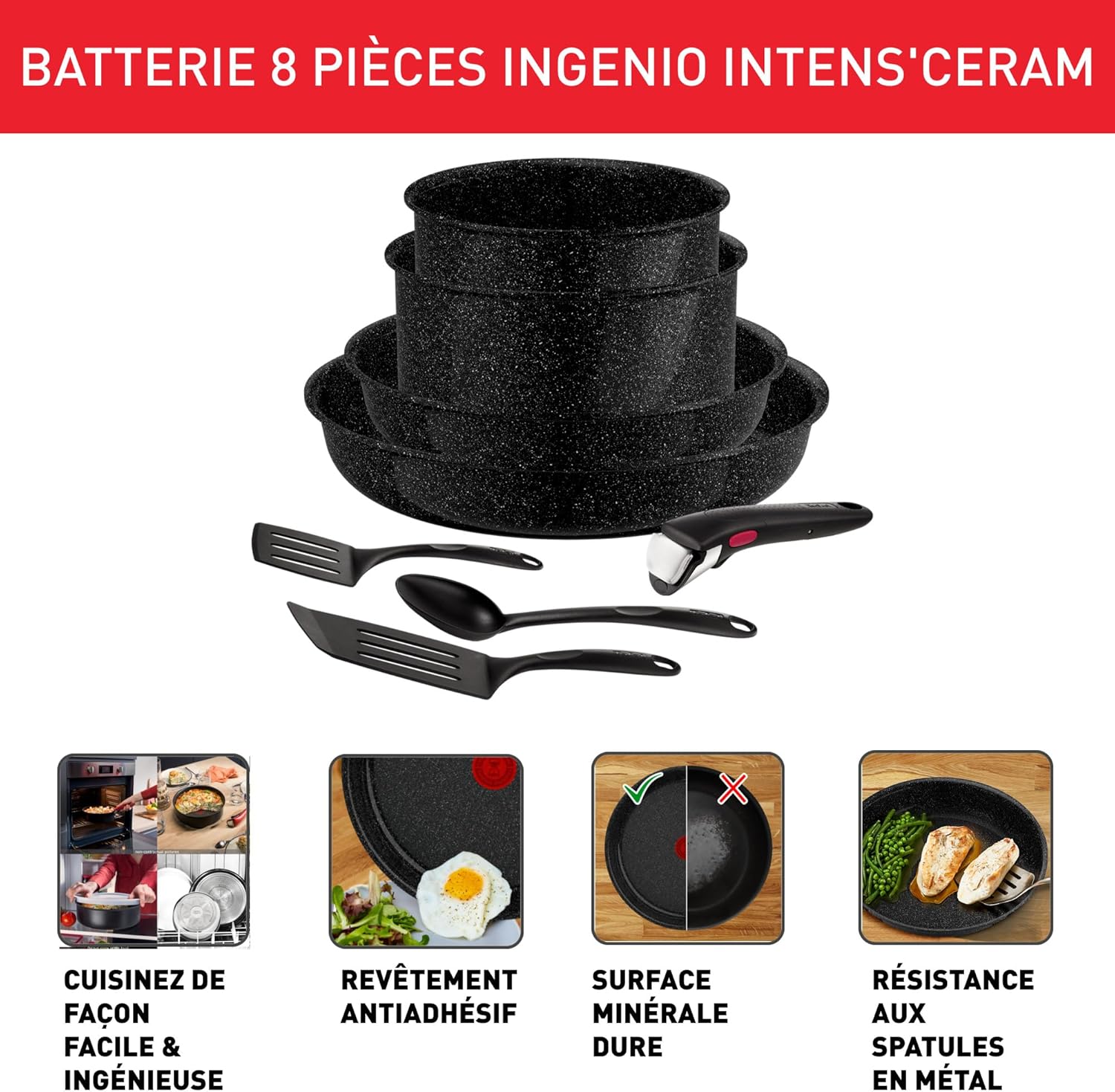 Tefal - Ingenio Intens' Ceram - 8 pièces - céramique, induction, poignée amovible, L2649802
