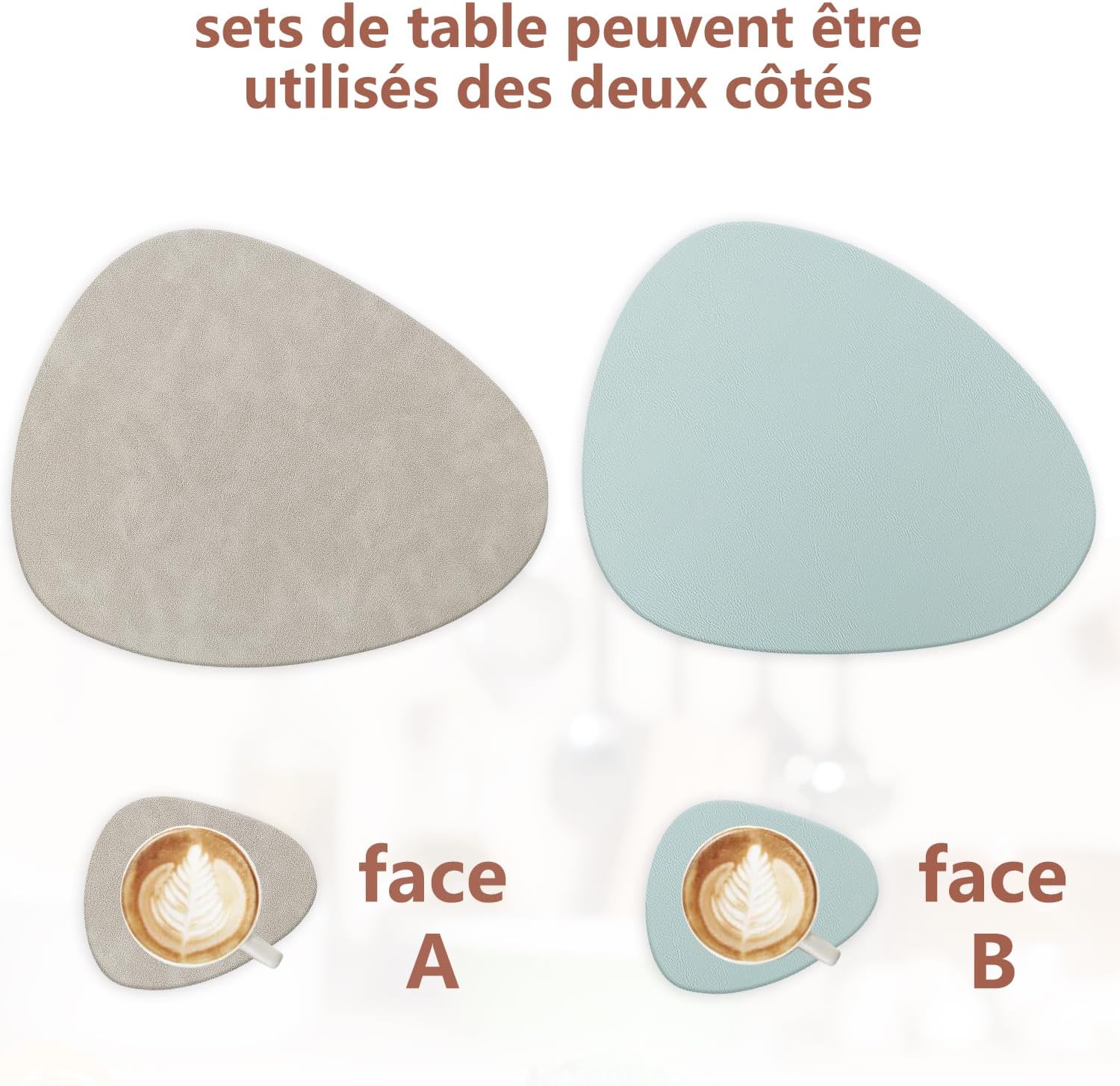 Set de table - lot de 4, cuir PU double face, 41x33cm, lavable, antidérapant, gris clair/bleu clair