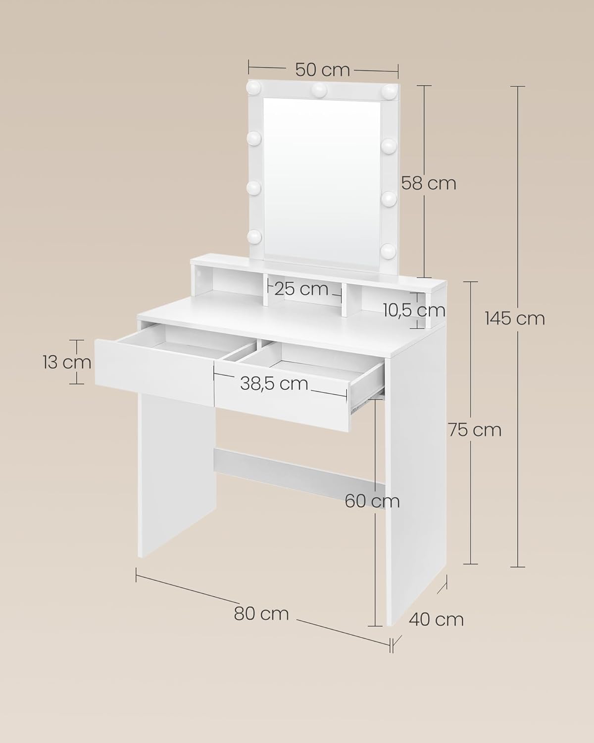 VASAGLE - Kailyn Collection - coiffeuse LED, 2 tiroirs, 3 compartiments, style moderne, blanc - RDT114WB01