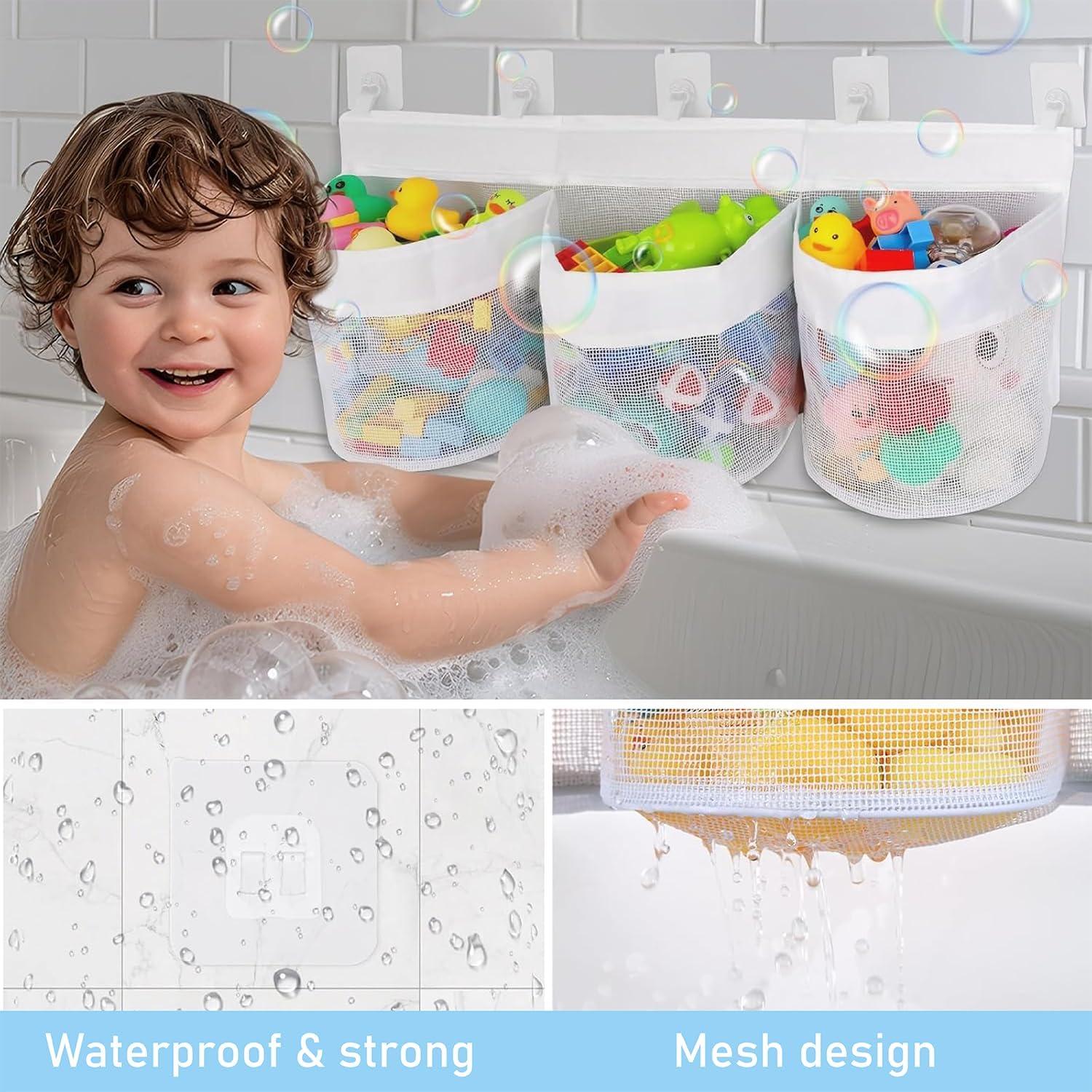 Filet de rangement jouets bain 3 compartiments, grande capacité, maille respirante, 4 crochets adhésifs