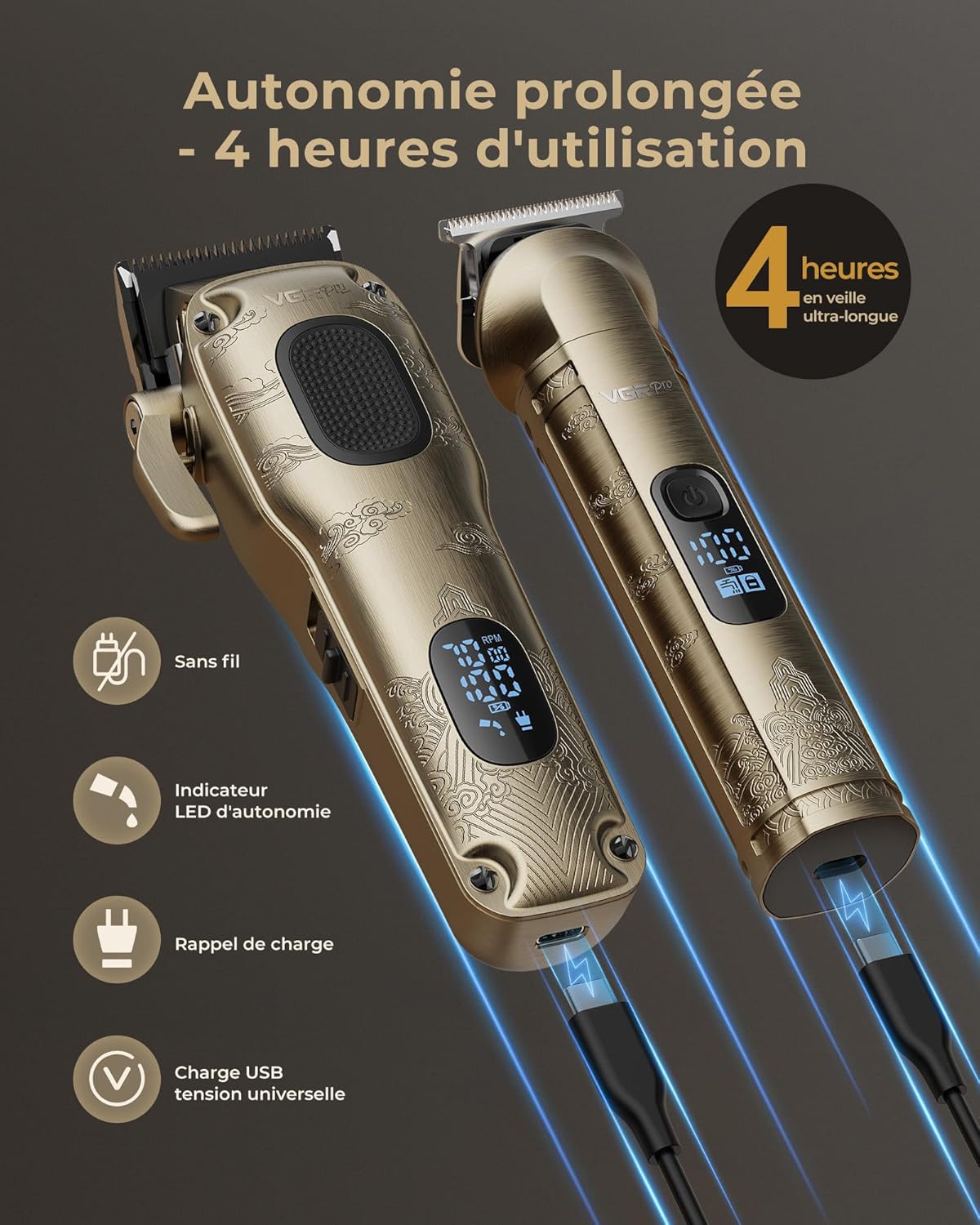 Tondeuse cheveux professionnelle sans fil, kit coupe homme, dorée