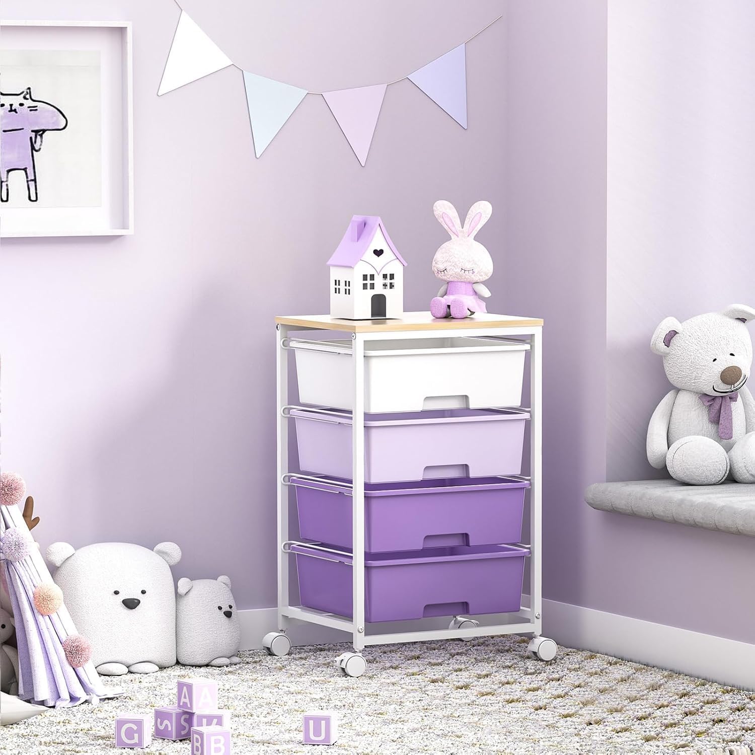 Chariot de rangement à 4 tiroirs, plateau bois, grande capacité, violet, dimensions compactes, roulettes mobiles
