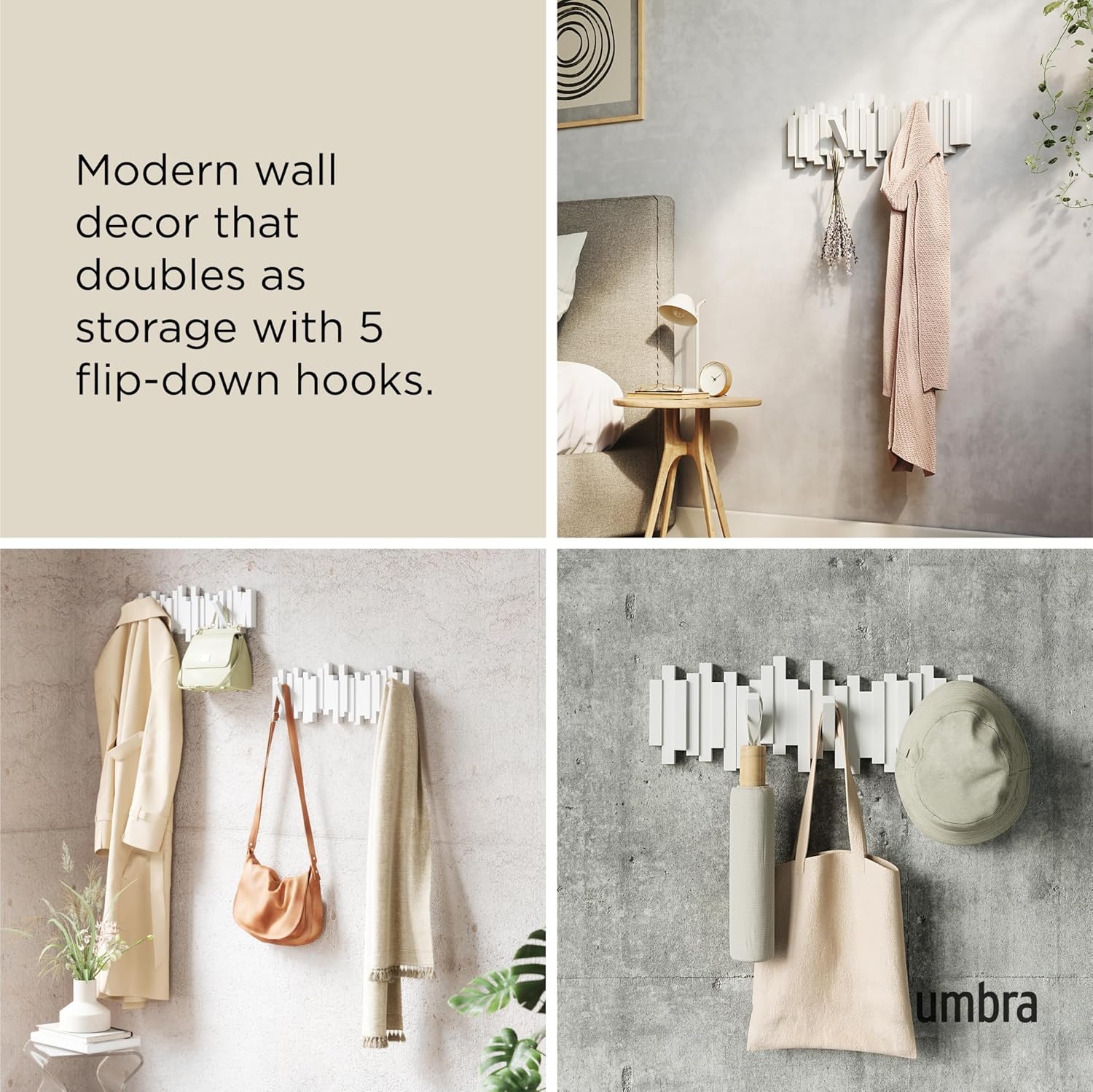 Umbra - sticks - patère murale 5 crochets rabattables blanc