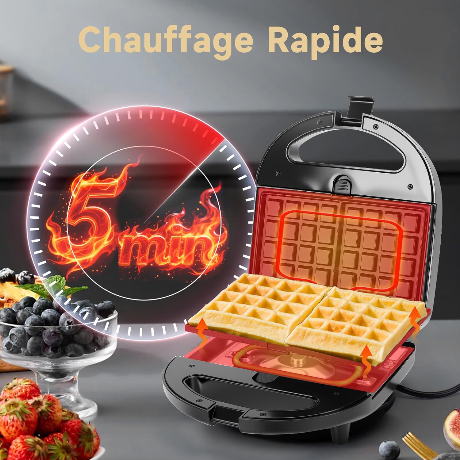 Aigostar - Gaufrier 3-en-1 - 750W - plaques antiadhésives, thermostat auto