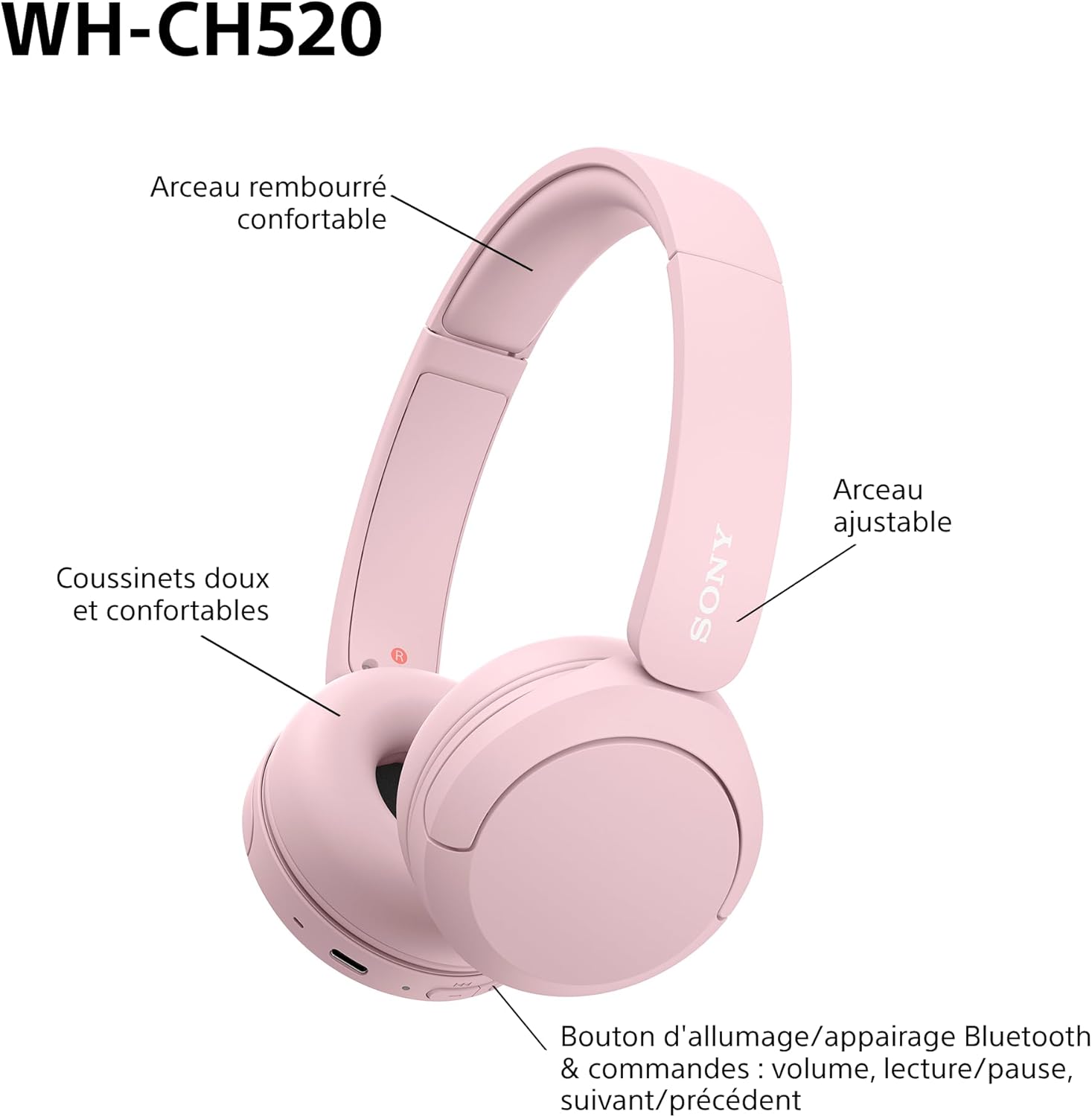 Sony - WH-CH520 - casque Bluetooth, micro, autonomie 50h, rose WH-CH520
