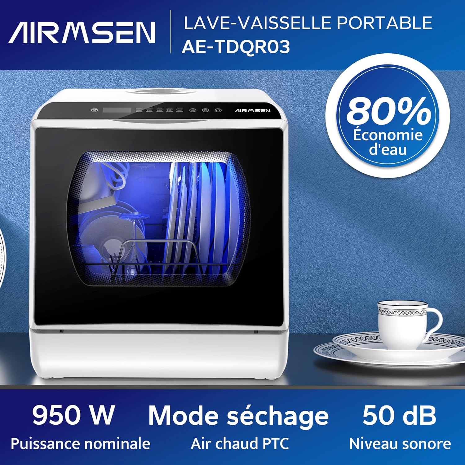 AIRMSEN - Mini lave-vaisselle comptoir, 5L, 6 programmes, écran LED