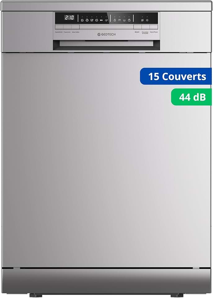 GEDTECH - Lave-vaisselle 15cv, 44 dB, éco, départ différé, silver, GLV1544SL