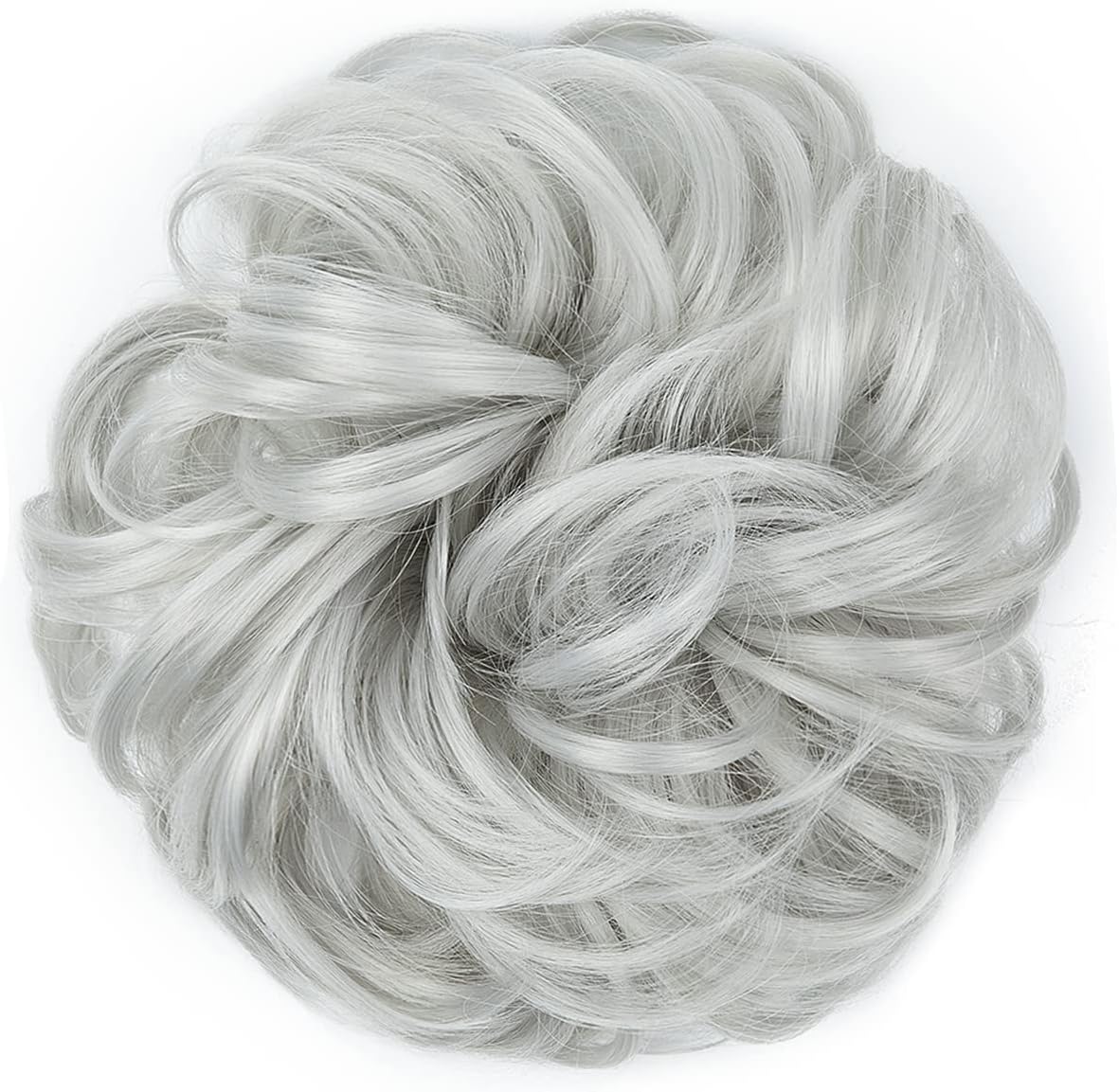 JJstar - Chignon postiche bouclé, élastique, gris argenté, cheveux naturels