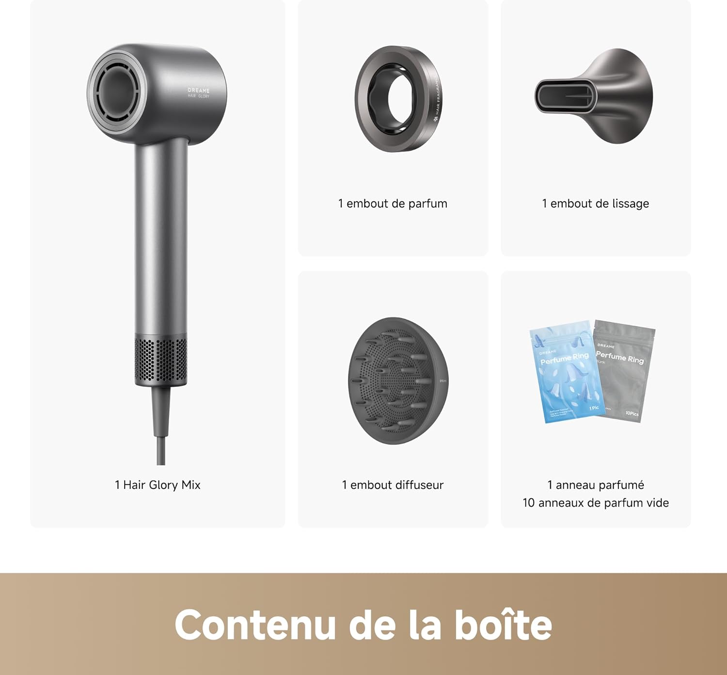 Dreame - Hair Glory Mix - 336g - 110 000tr/min, 3 embouts, ions, NTC