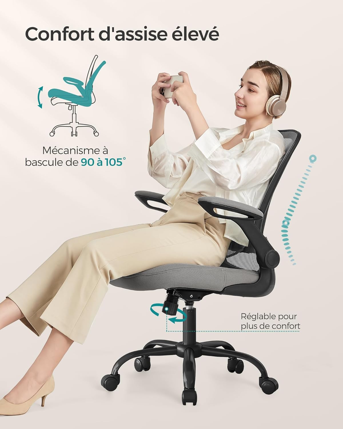 SONGMICS - Chaise bureau ergonomique, 53cm, support lombaire, accoudoirs rabattables, OBN037G01