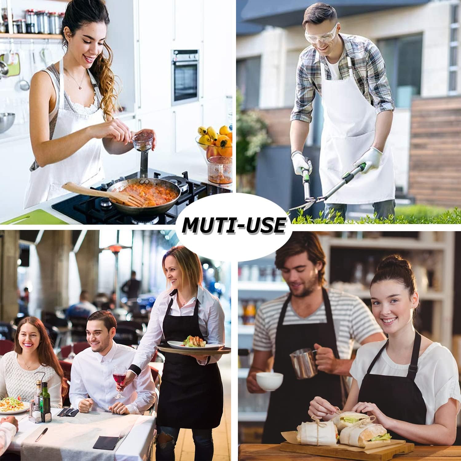 atopo - tablier chef réglable, 2 poches, étanche, blanc, lot de 4