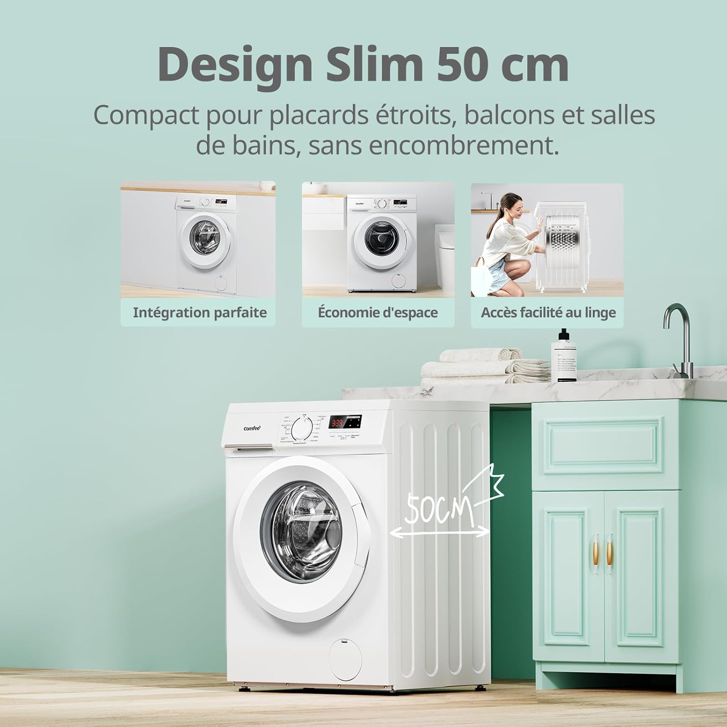 Comfee - lave-linge frontal 9kg, Classe A, BLDC 1400tr, 15 programmes, CFE12EW90-W