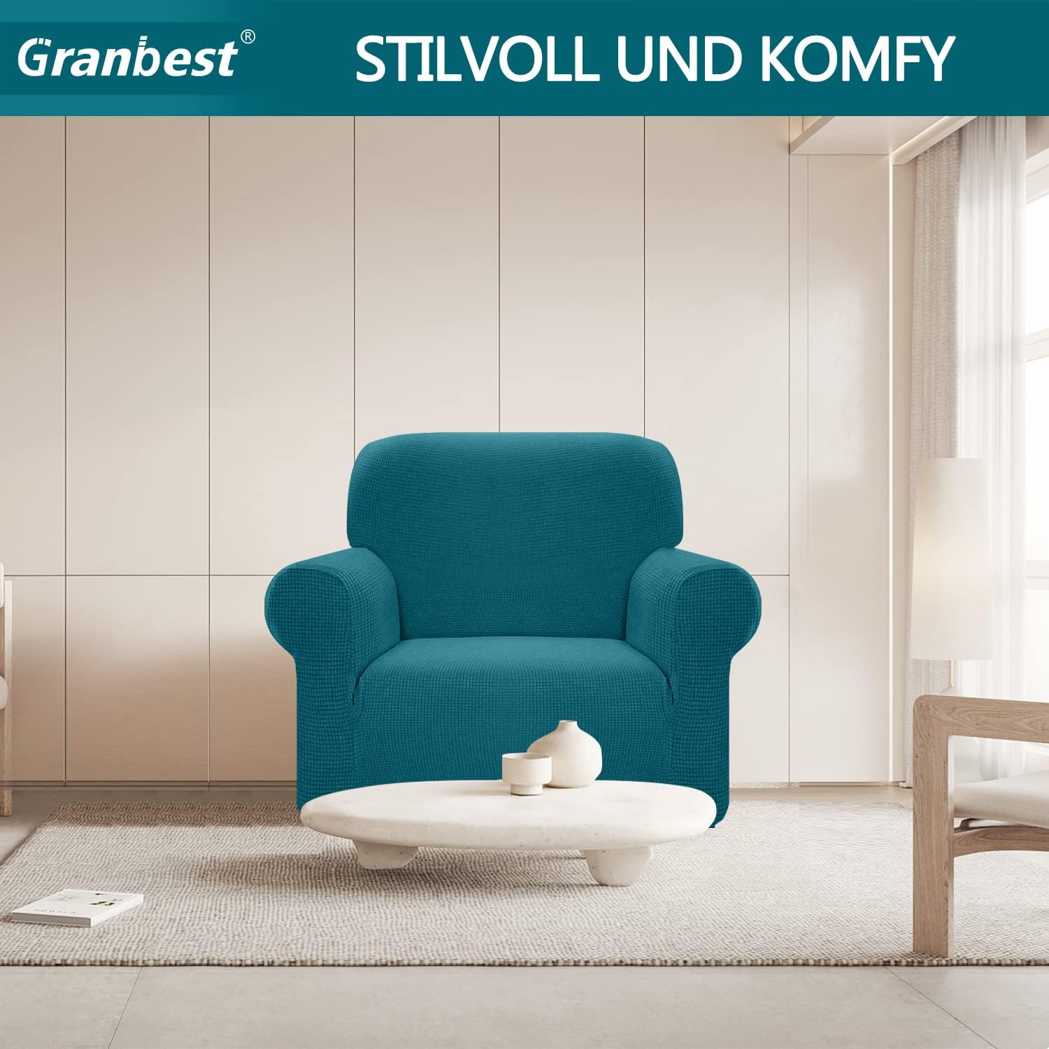 Granbest - Housse canapé Stretch Jacquard 1 place - imperméable, antidérapante, bleu sarcelle