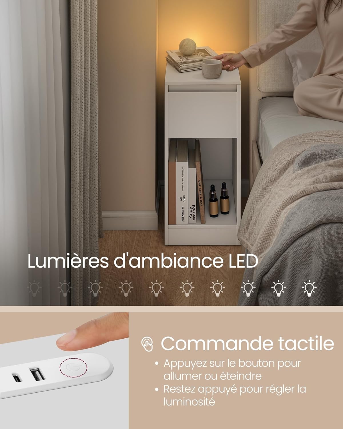 VASAGLE - table de chevet lot de 2, LED, USB, tiroirs, blanc, LET710W01