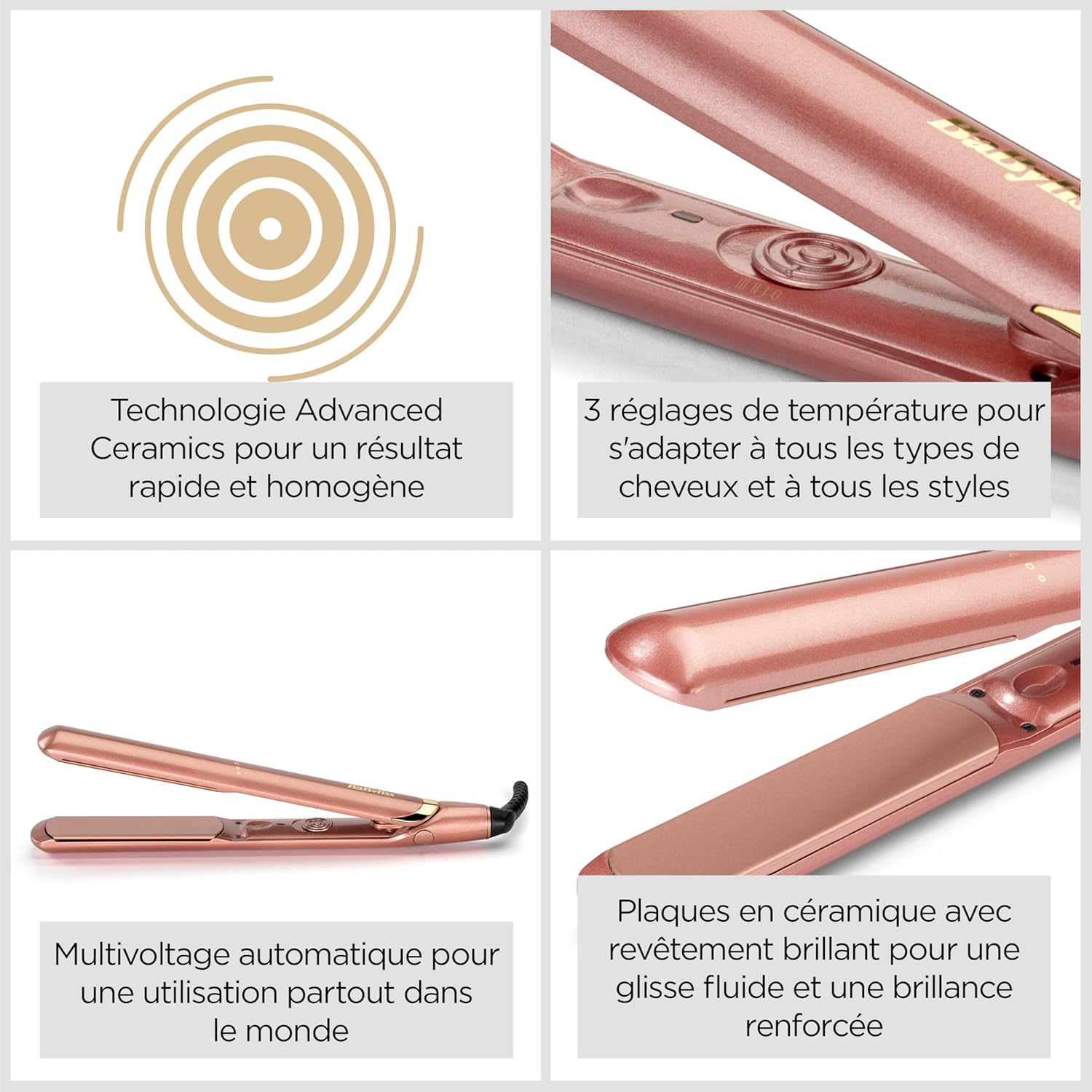 BaByliss - Lisseur Rose Gold - plaques céramique, 235°C, multi-voltage, chauffe rapide, 2598PE