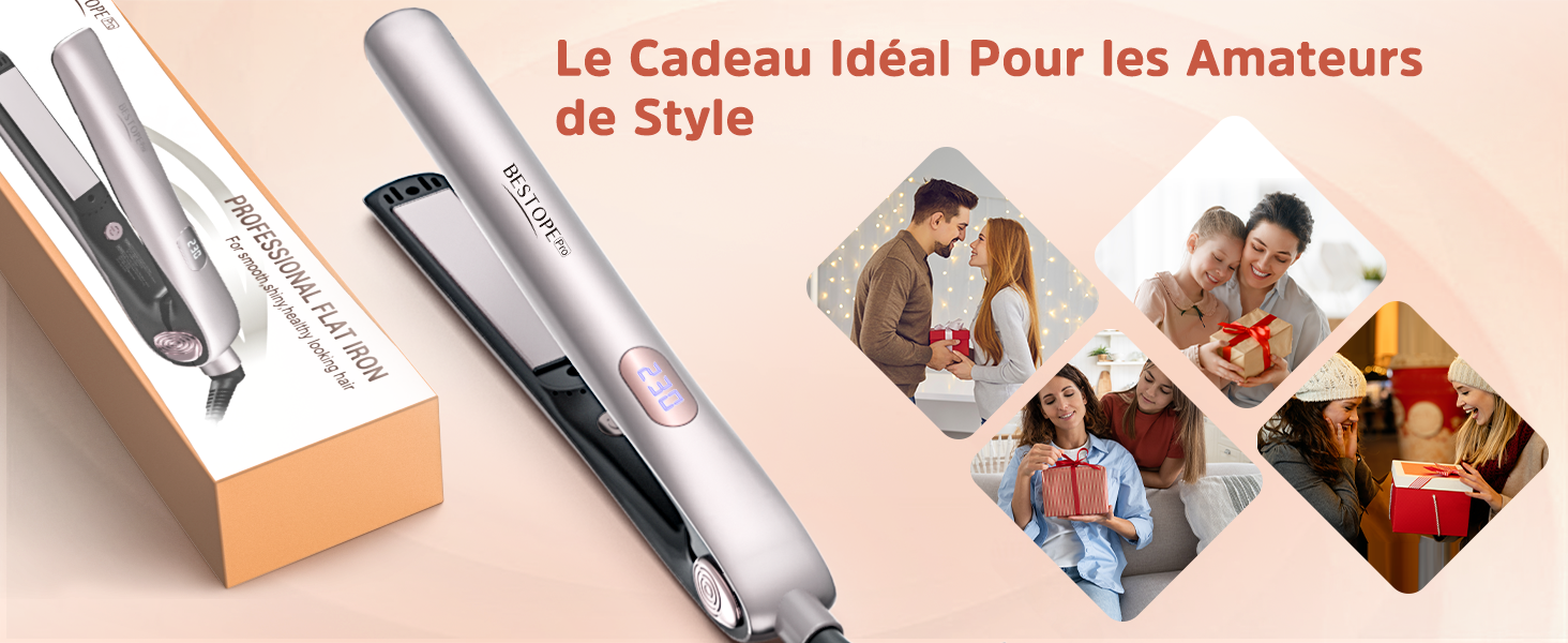 avec boîte d'accompagnement, exposé à côté d'images de personnes échangeant des cadeaux. Le texte français suggère que c'est un cadeau idéal pour les amateurs de style.