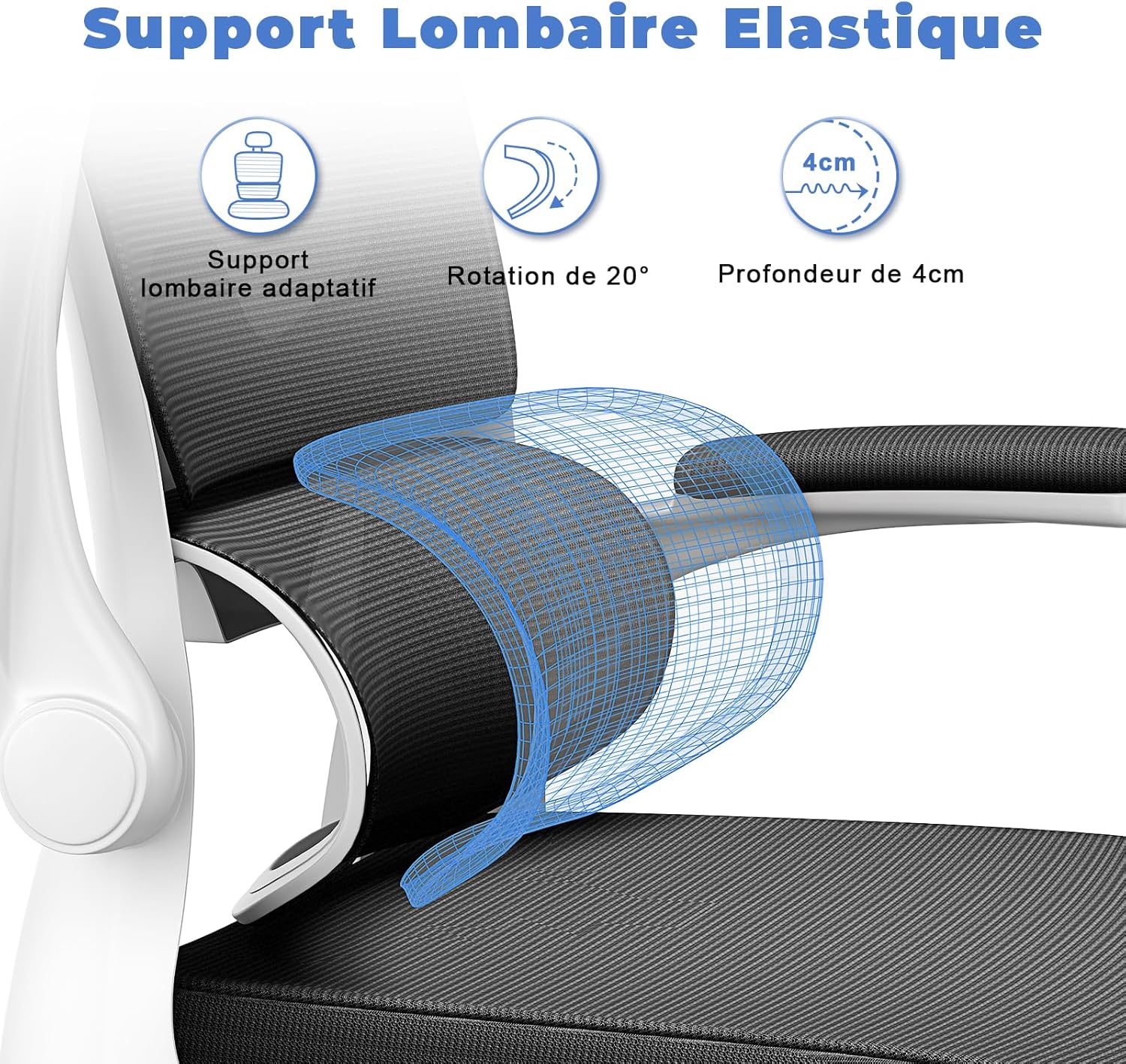 Chaise de bureau ergonomique - support lombaire C - réglable, maille, noir/blanc, appui-tête, accoudoirs réversibles