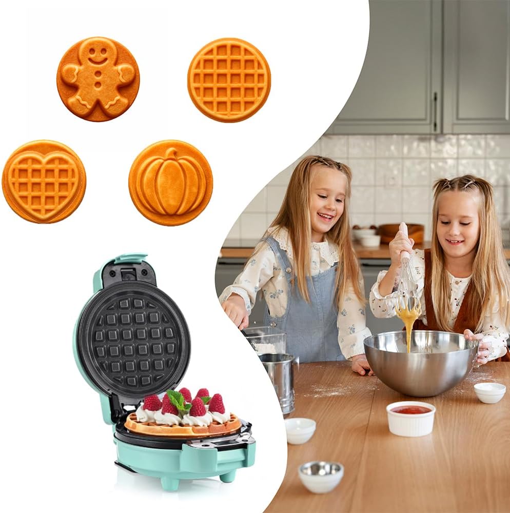 LEHMANN - mini gaufrier séries 4 formes - plaques interchangeables, antiadhésif, menthe, idéal enfants