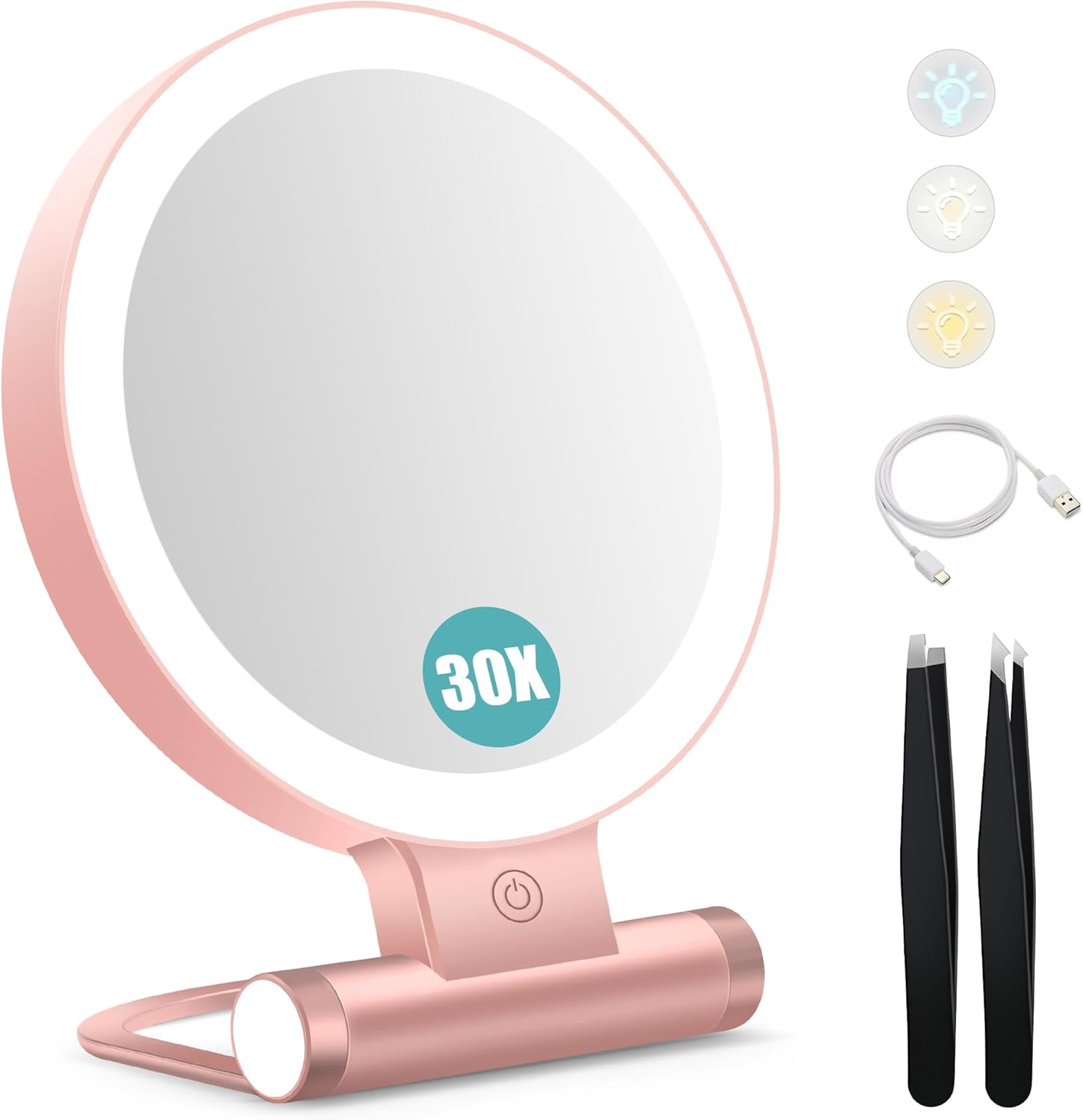 B Beauty Planet – miroir double face 1x/30x, 2000mAh, LED, réglable