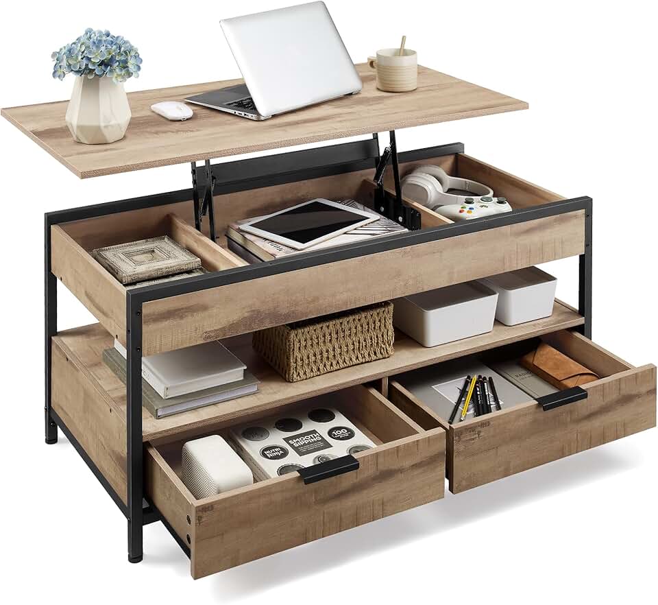 VASAGLE - Table basse, plateau relevable, rangements, marron/noir, LCT209K02