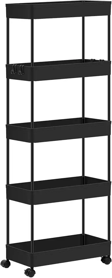 Chariot de rangement à roulettes 5 niveaux, plastique et métal, 4 crochets, noir