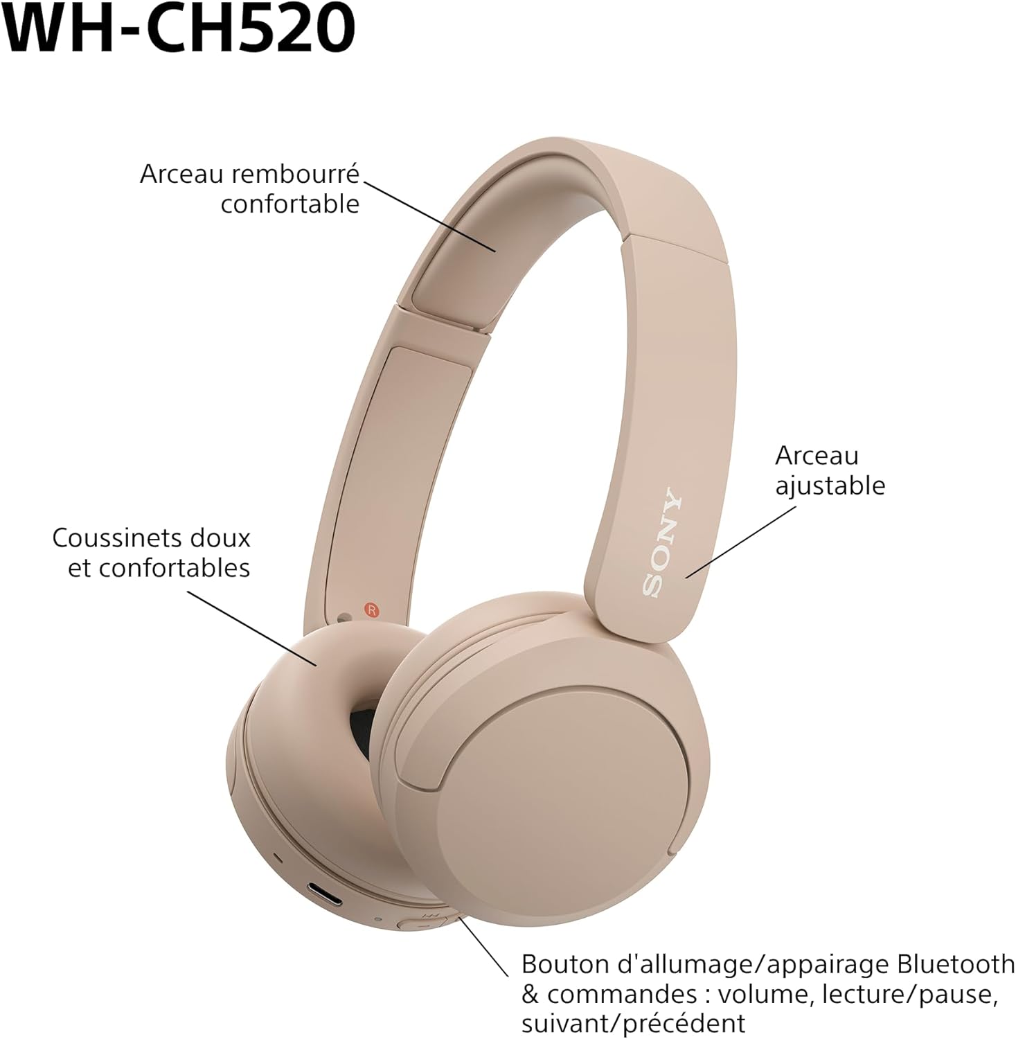 Sony - WH-CH520 série - casque sans fil, Bluetooth, 50h autonomie, beige