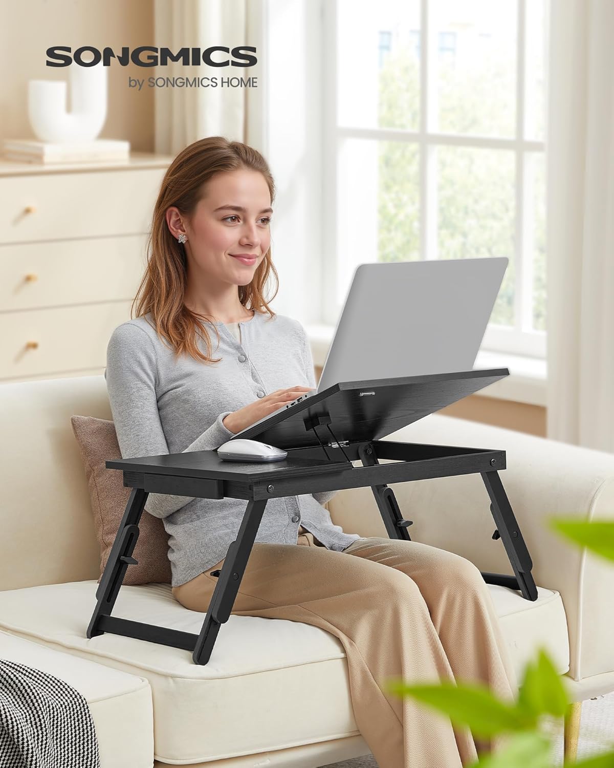 SONGMICS - Table lit/ordinateur, 39,6 cm, réglable, tiroir, bambou