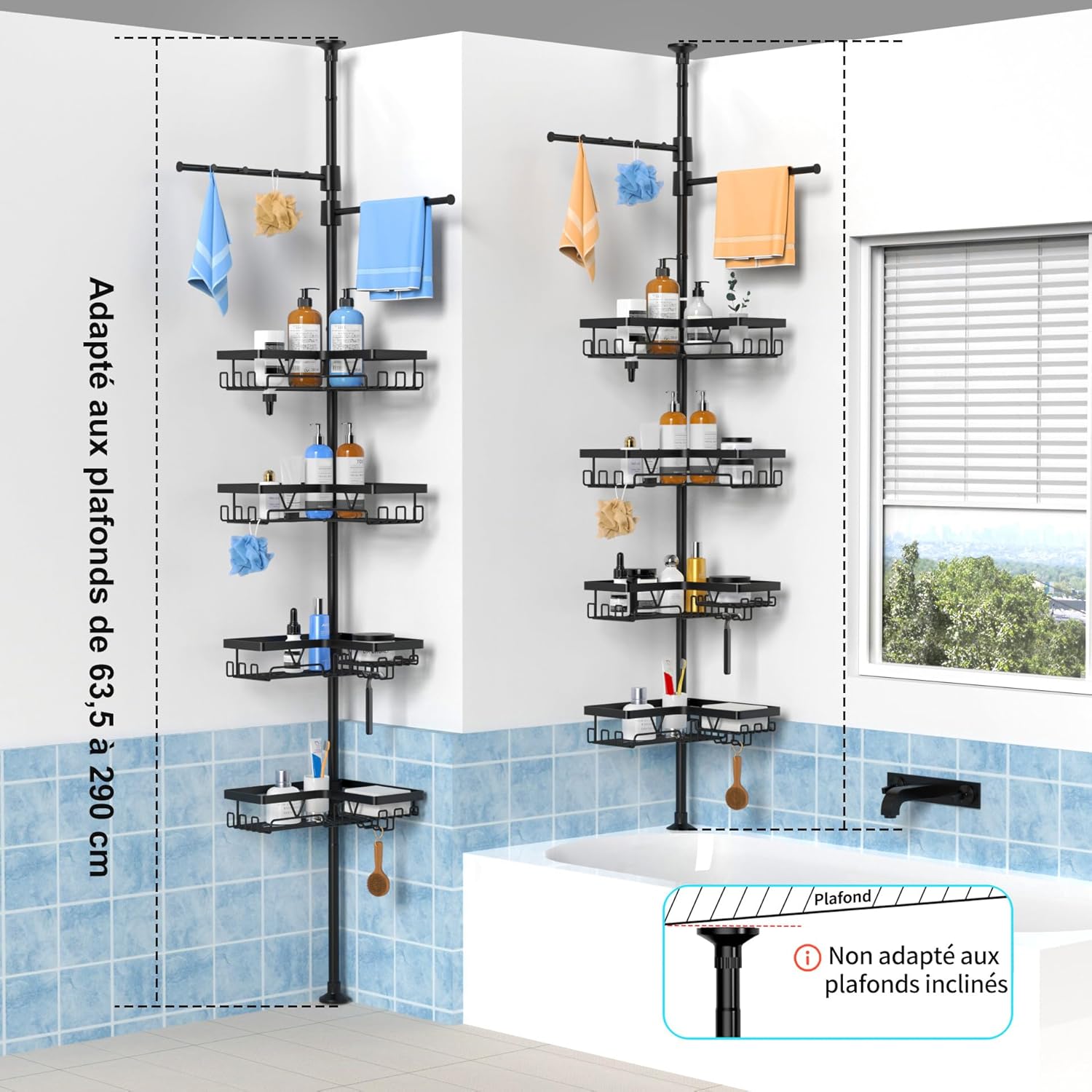 Etagere Douche - angle télescopique, inox, porte-serviette, crochets, noir