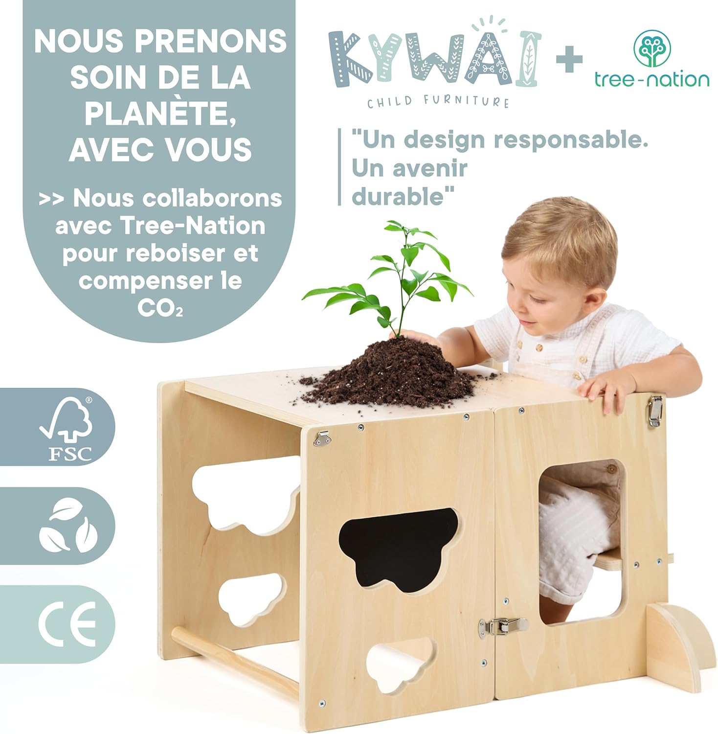Tour d'observation enfant - bureau pliable 3 en 1 - bois FSC - ardoise, reforestation