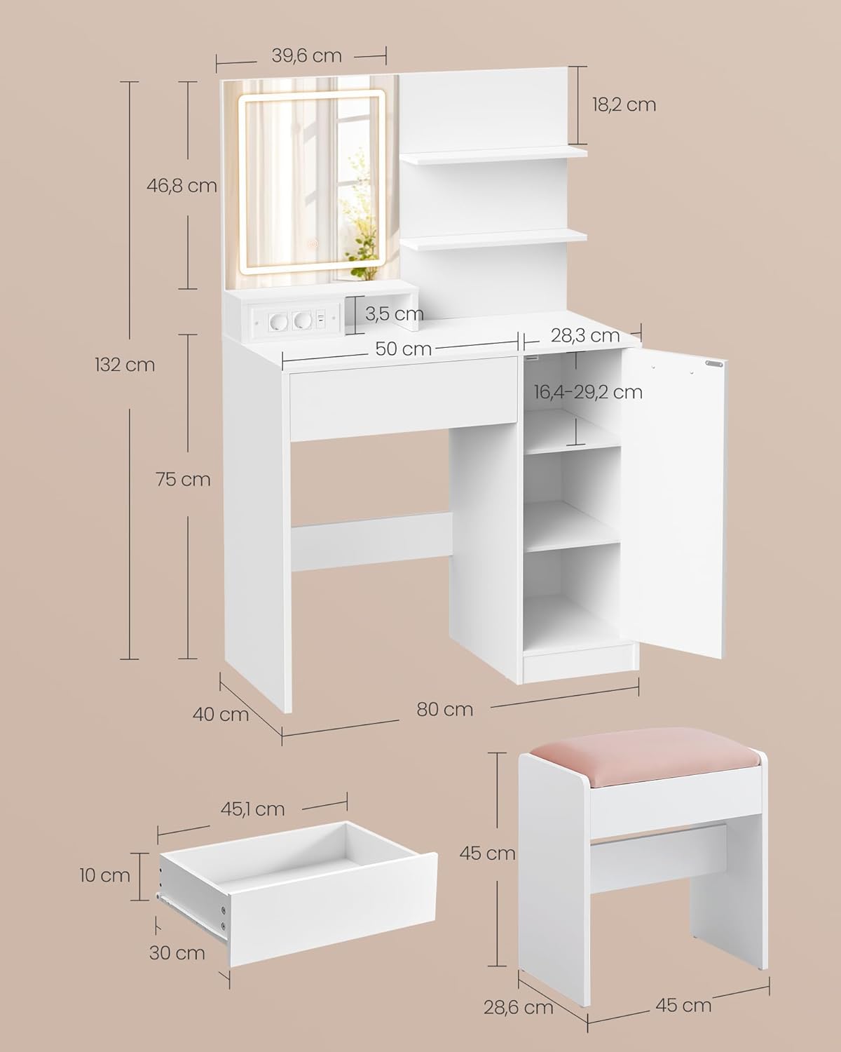 VASAGLE - Kailyn Collection - coiffeuse LED, tabouret, tiroir, 2 étagères, multiprise, blanc - RDT738W01