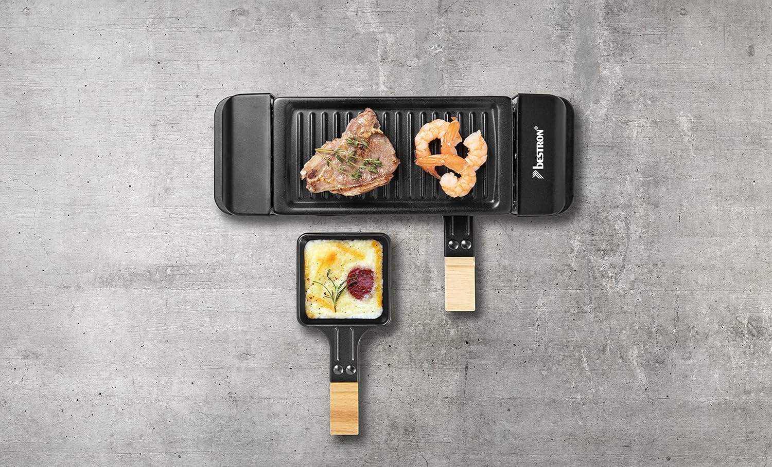 Bestron - mini appareil à raclette 2 pers - 350W, antiadhésif, noir/bois
