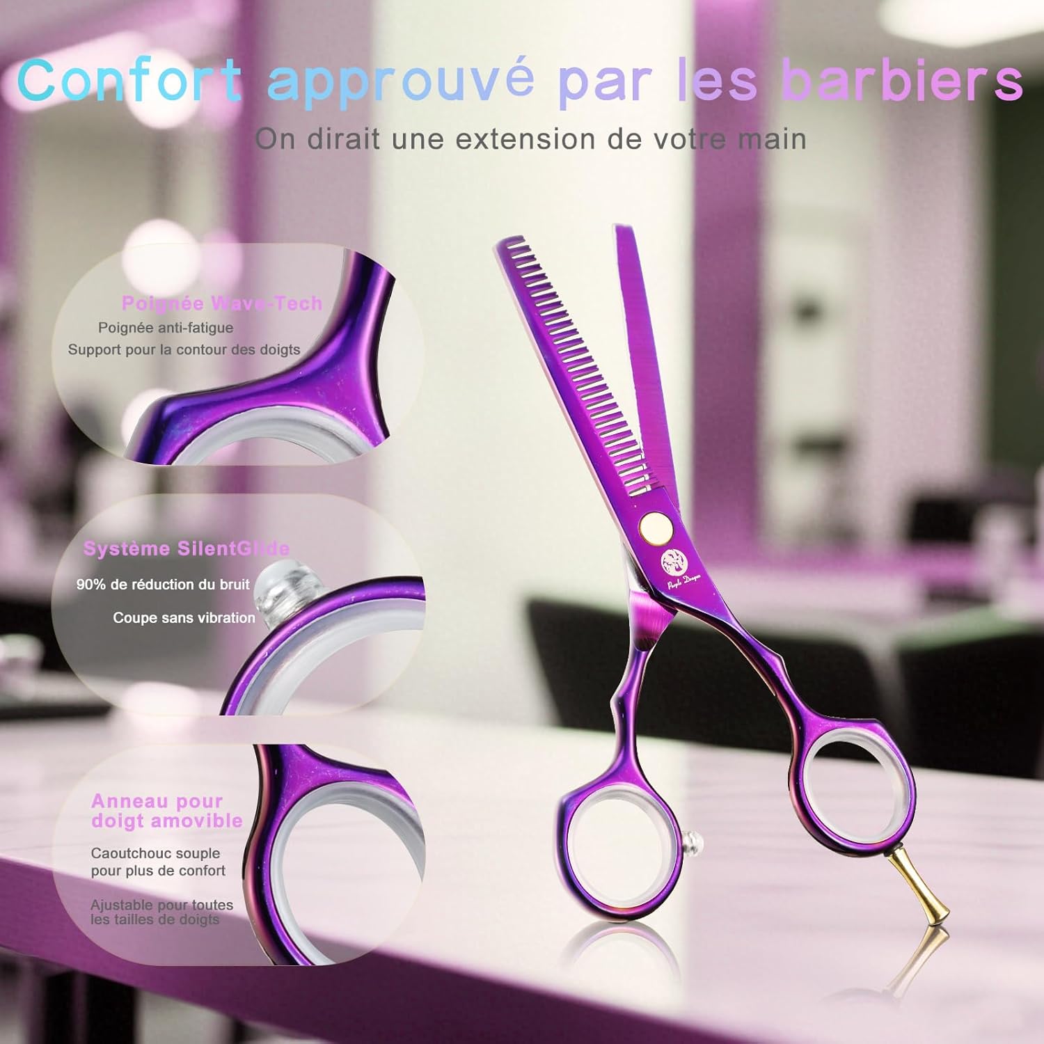 Kit de ciseaux de coiffure - 5,5 pouces - inox violet, peigne, rasoir