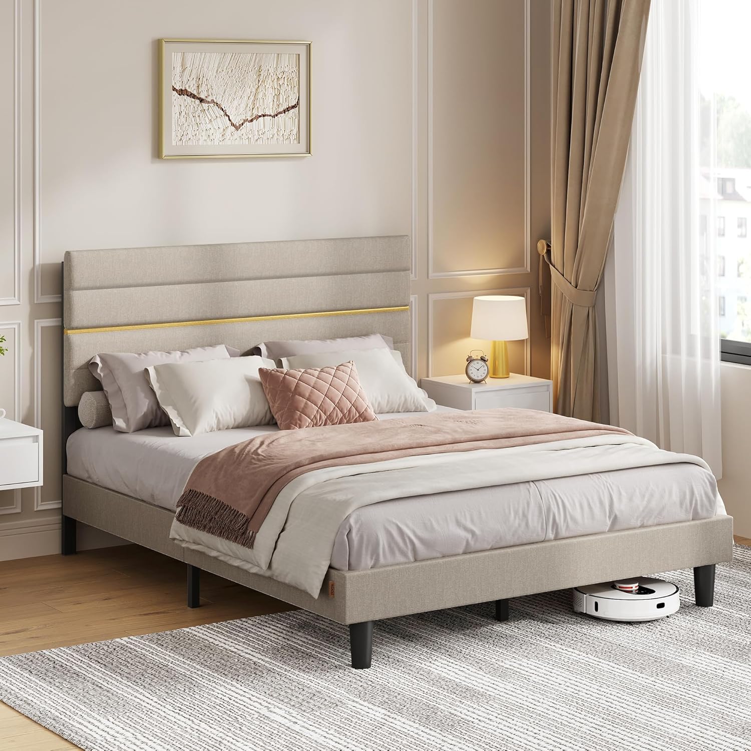 VASAGLE - lit double moderne - 140x190 cm - tête de lit rembourrée réglable, métal et bois massif - RMB503W01