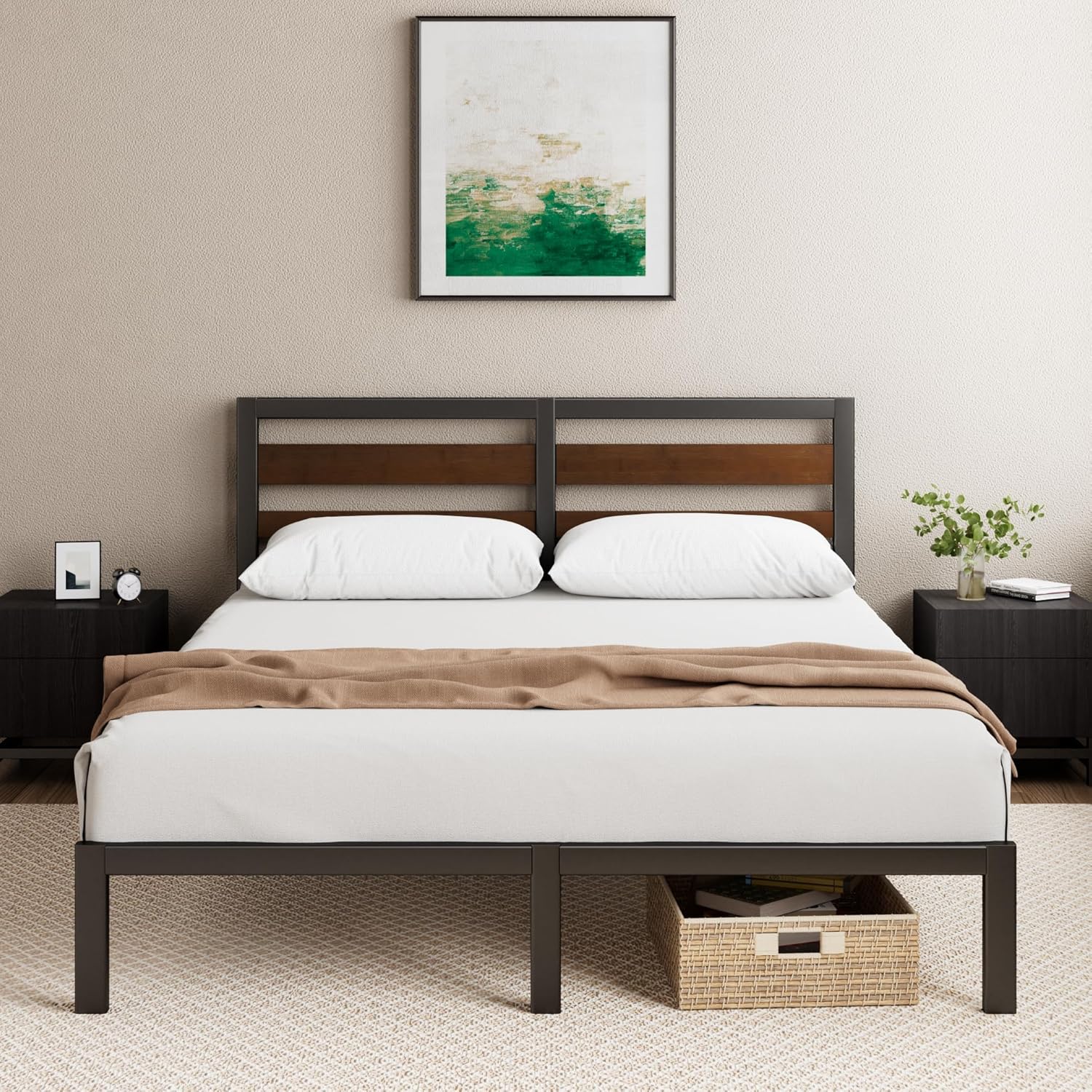Zinus - Kai - 140x190 cm - sommier métal et bambou, tête de lit, rangement