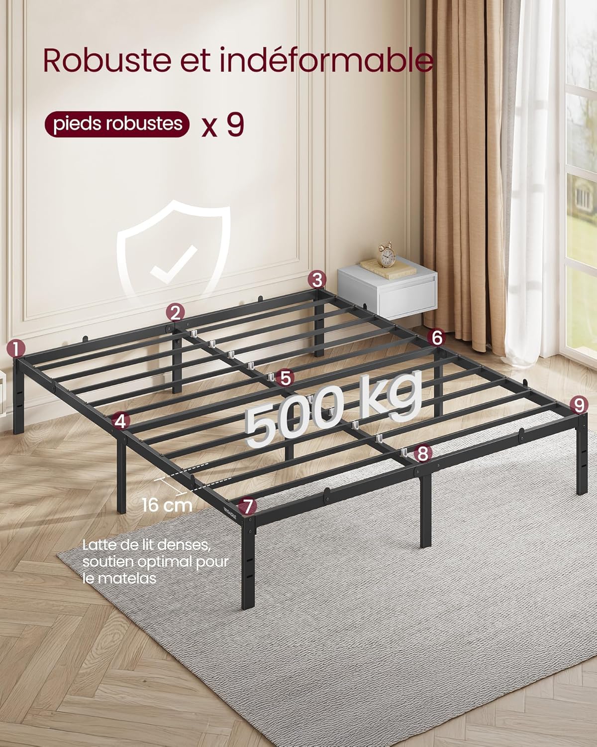 VASAGLE - cadre de lit moderne 160x200 cm, métal, rangement sous le lit, RMB135B01